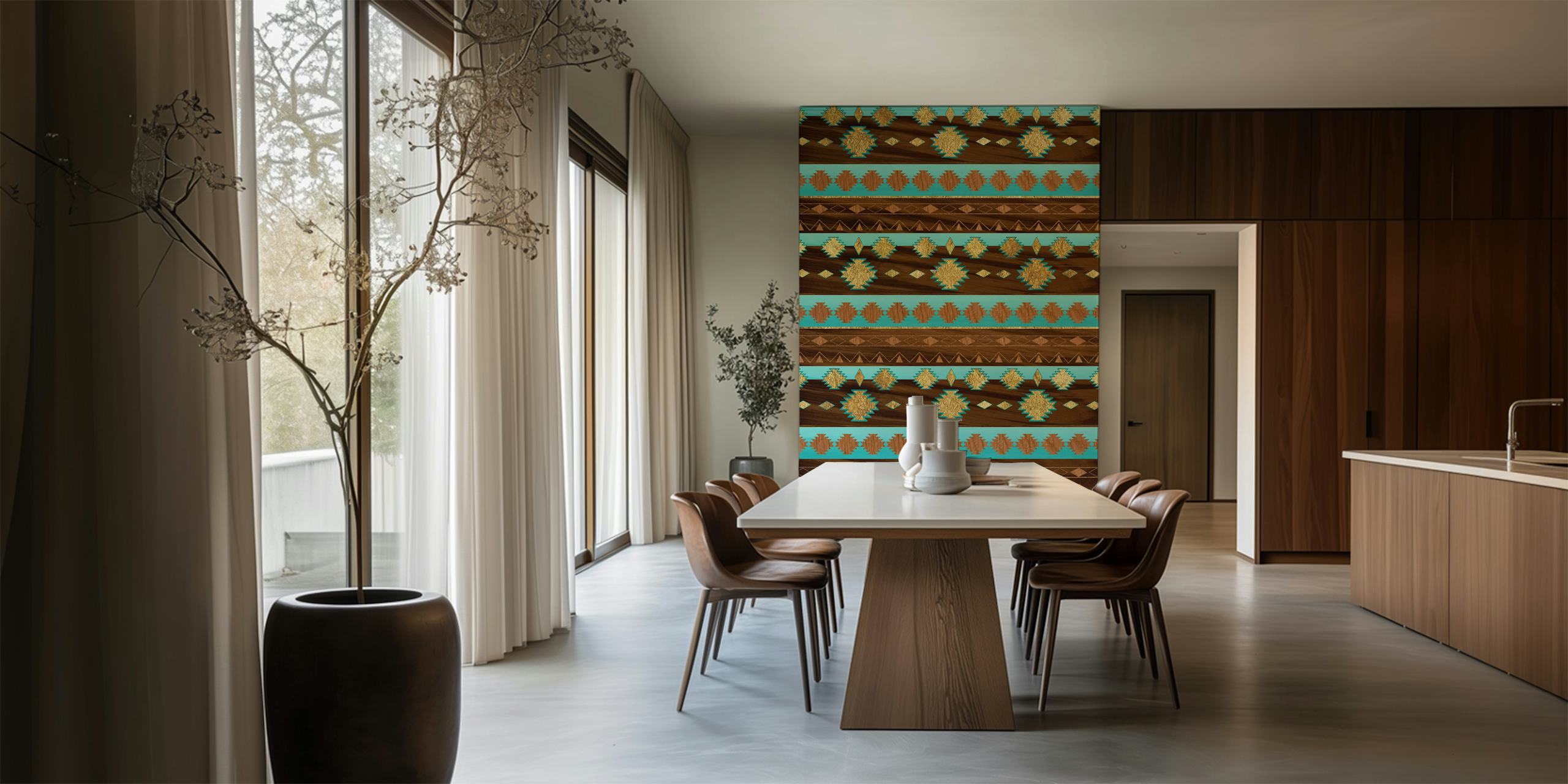Brown and turquoise tribal patterned wallpaper