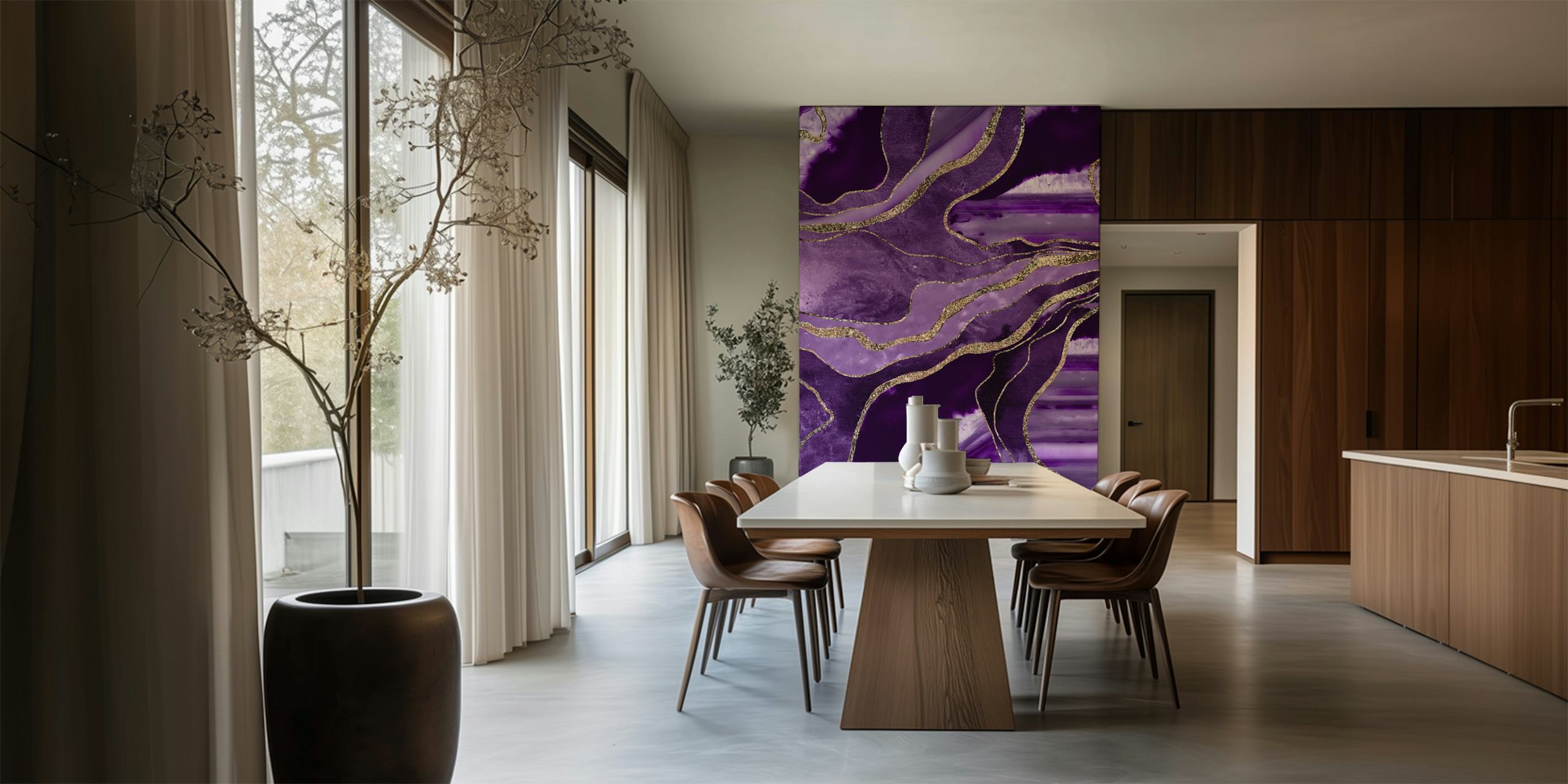 Purple swirling marble with gold accents wallpaper
