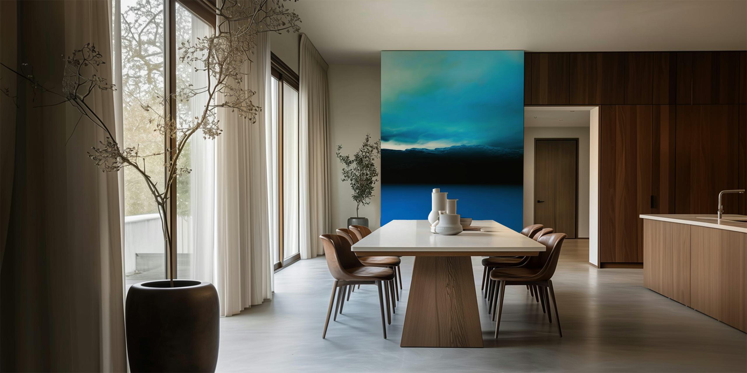 Bluish Sunset wall mural with serene blue tones and dark landscape silhouettes
