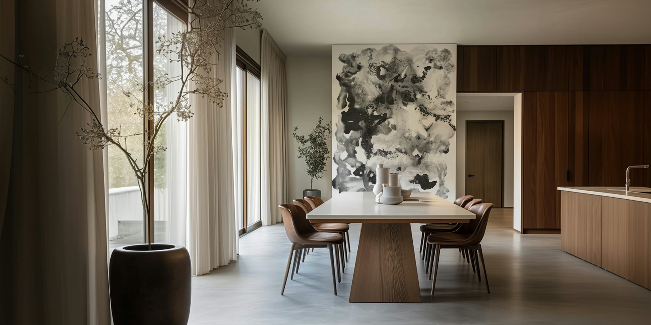 Black and white abstract ink design wall mural