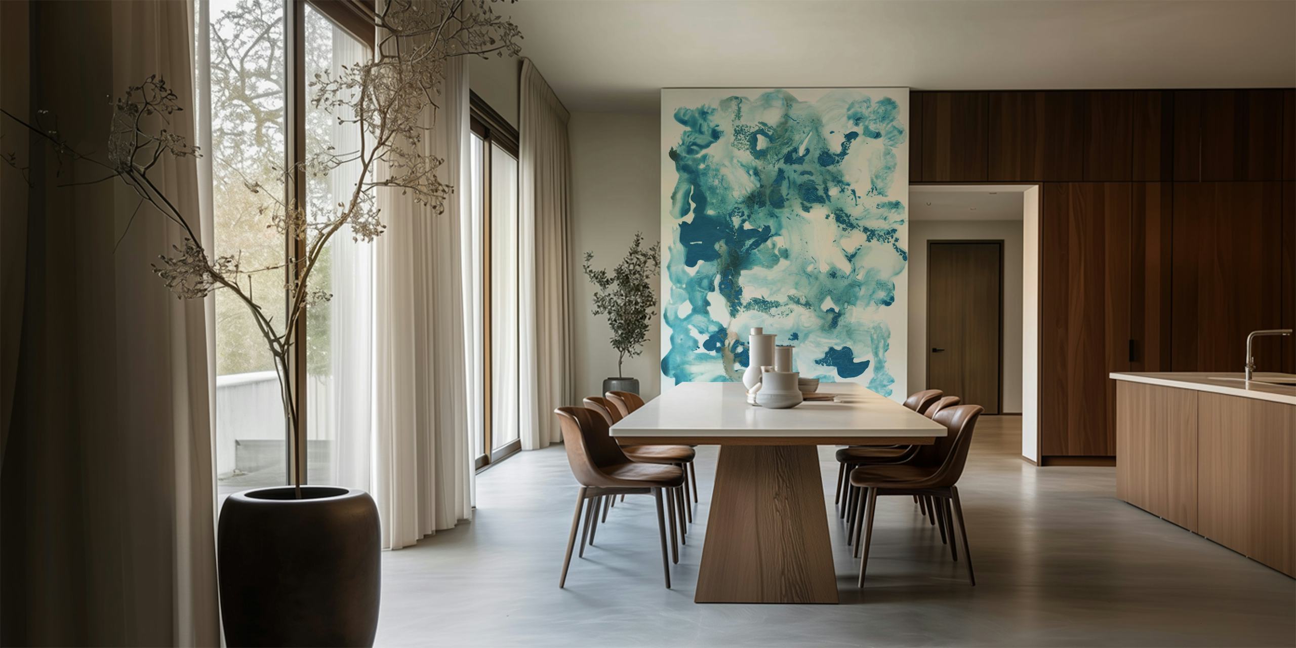Blue Ocean Ink Abstract behang in een kamer