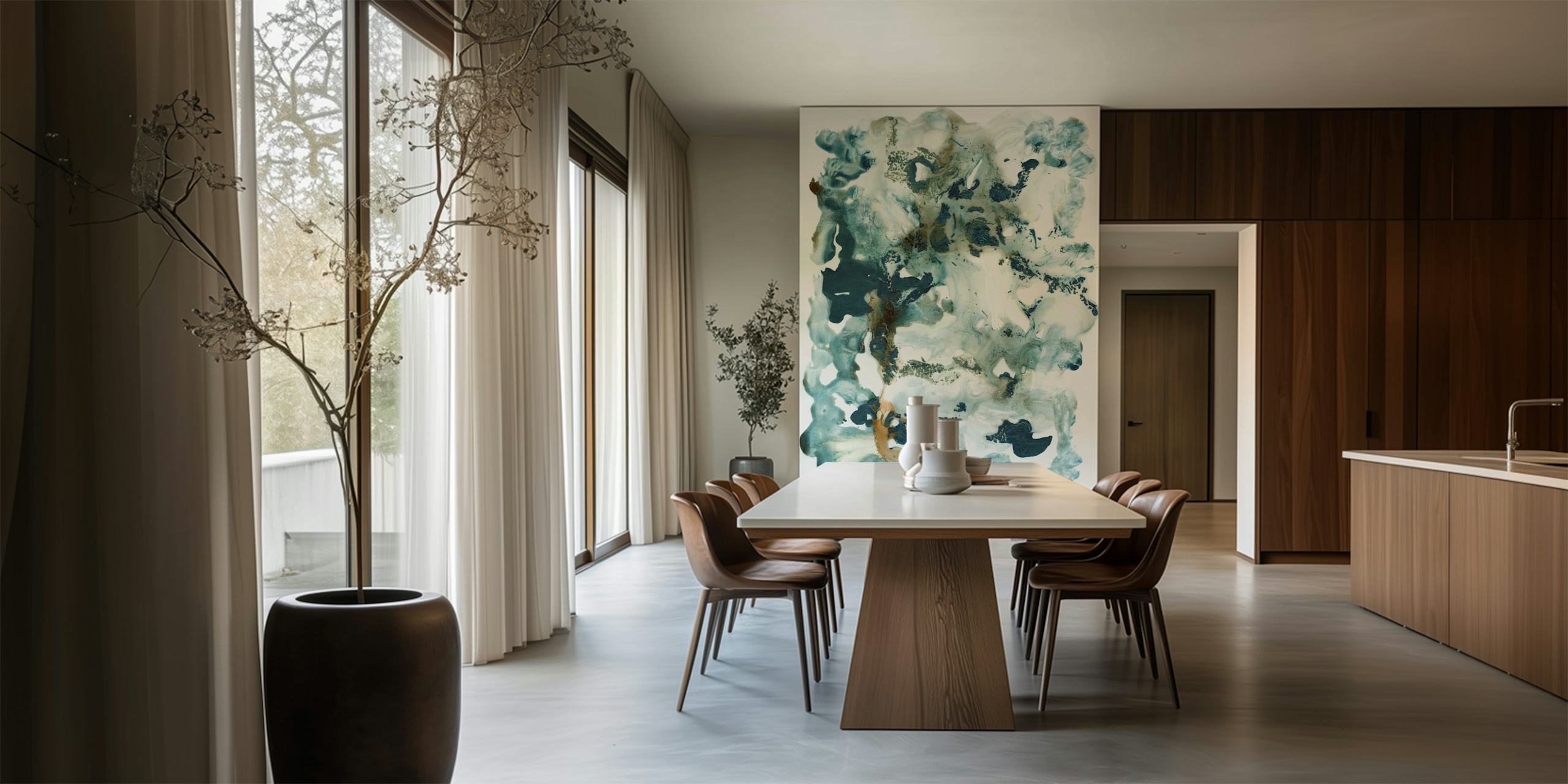 Teal Ocean Ink Abstract wallpaper in a room