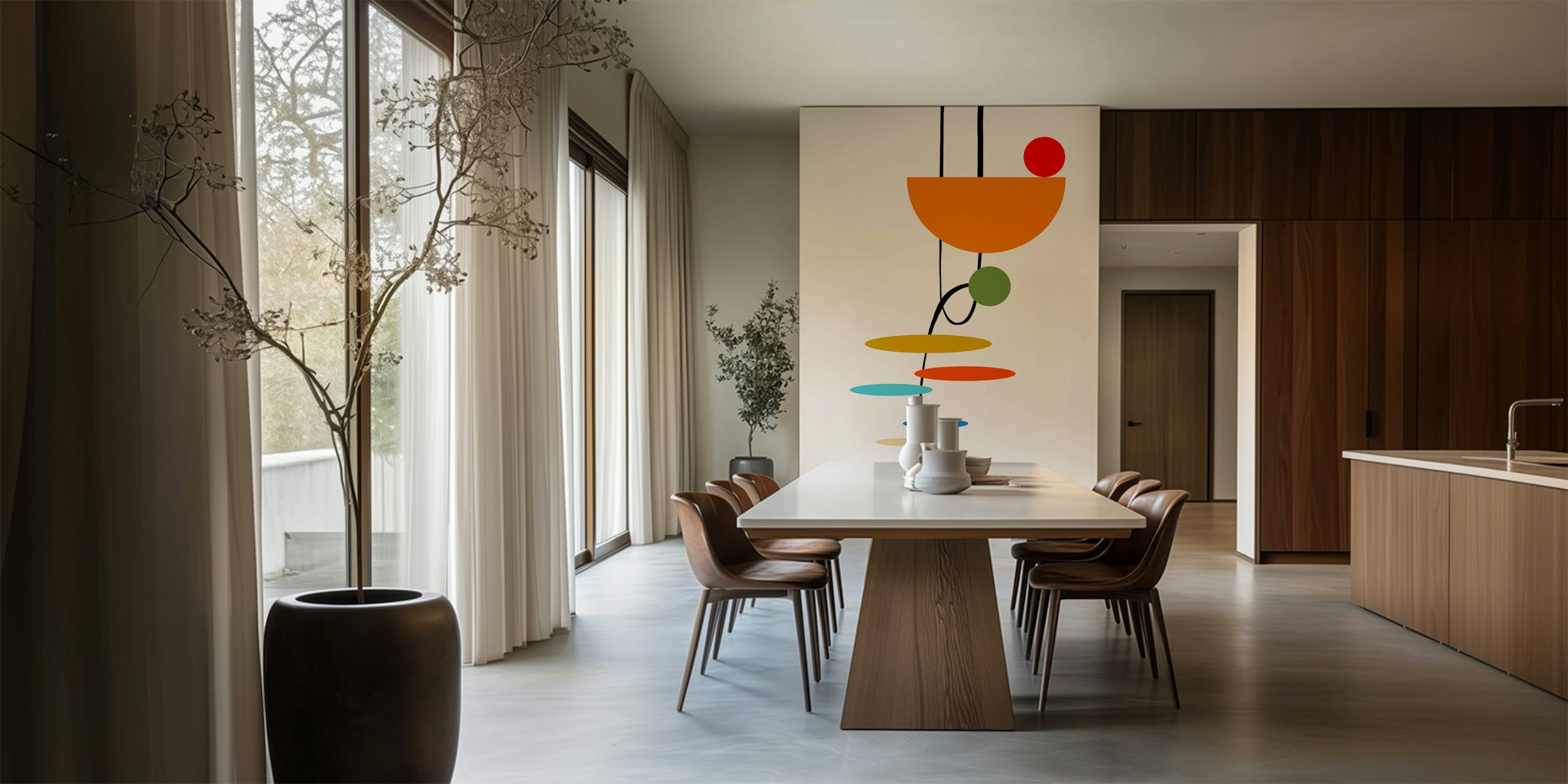 Geometric shapes in orange, green, and blue on beige wallpaper