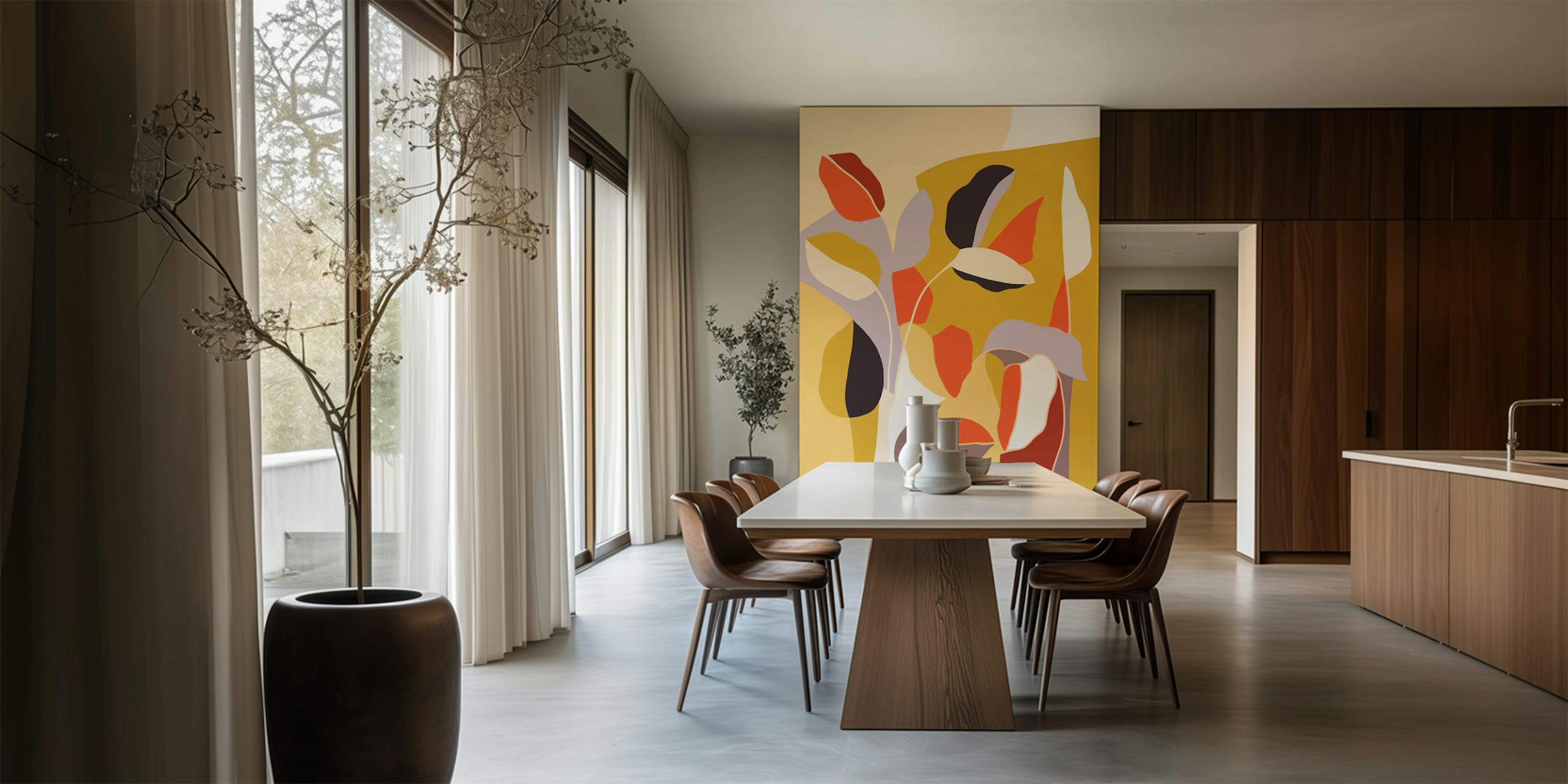Warm tones foliage wallpaper in a room