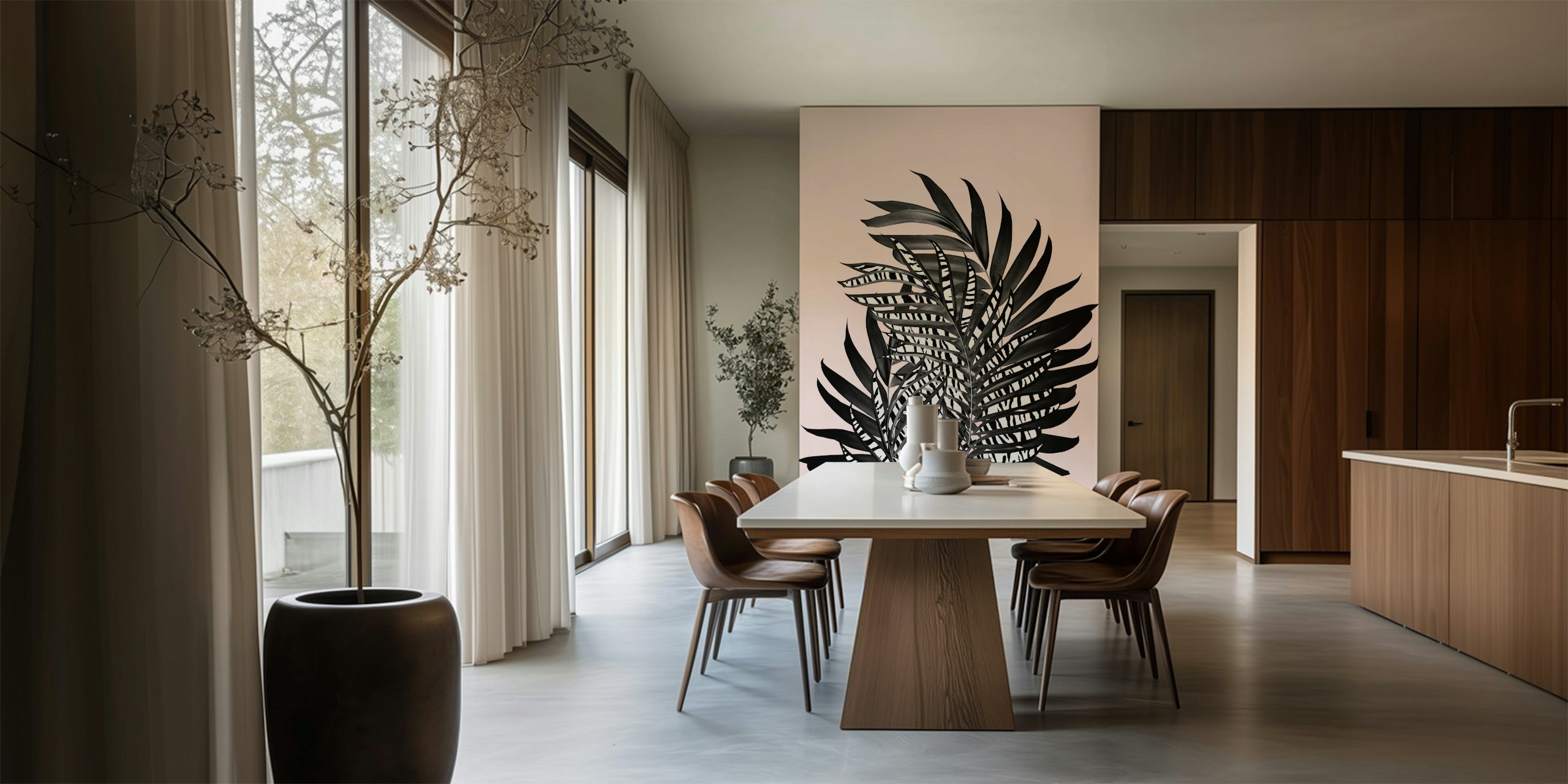 Black and white striped tropical palm leaves on pink wallpaper