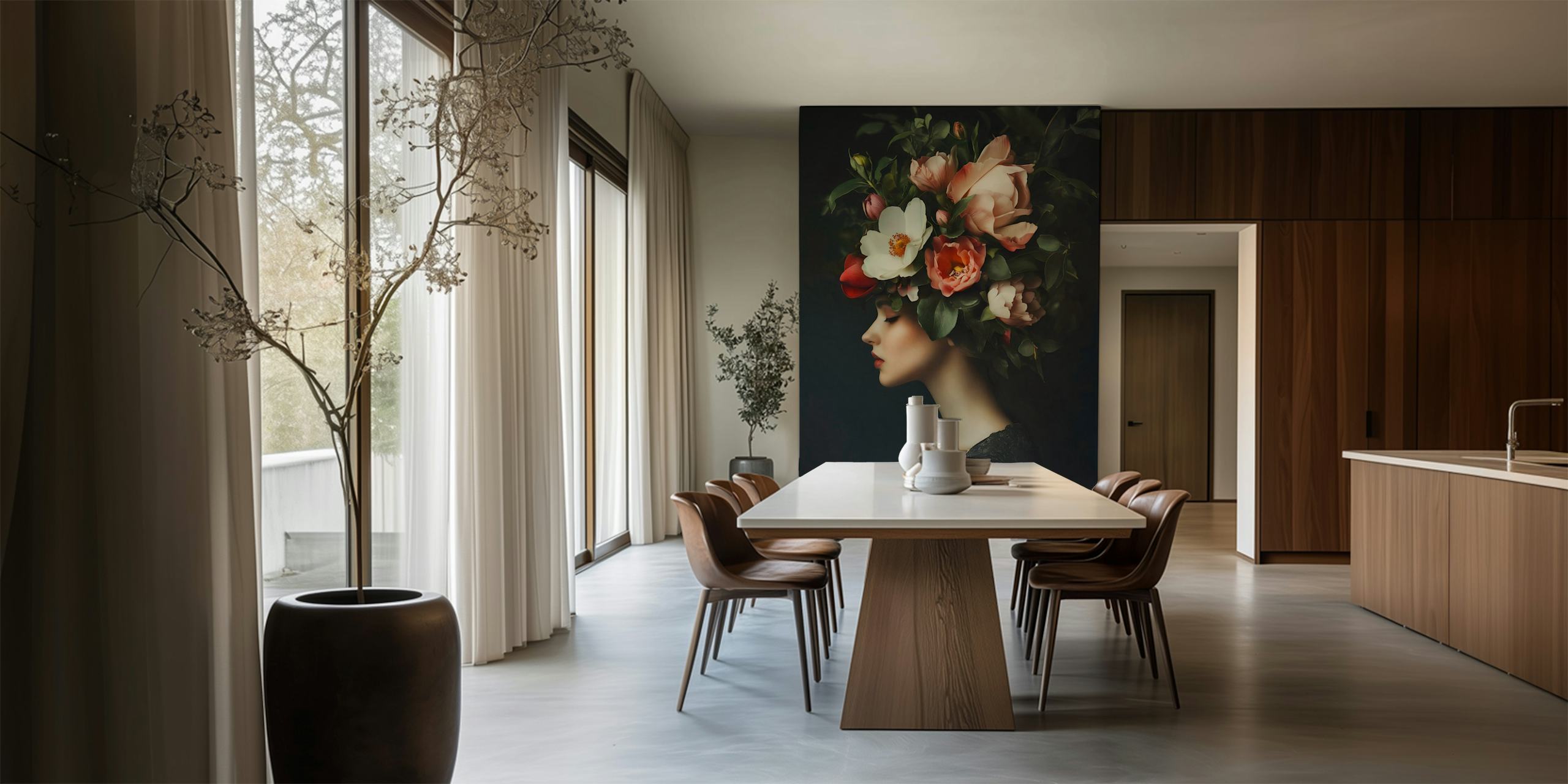 Floral portrait wallpaper in a room