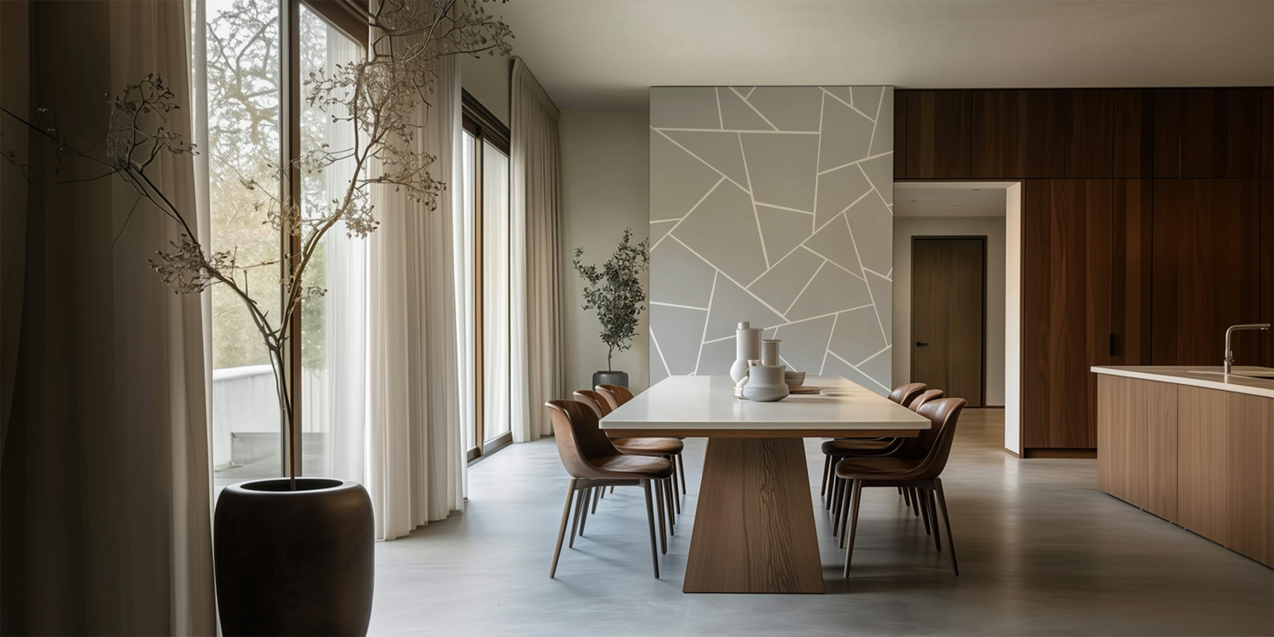 Gray white geometric wallpaper in a room
