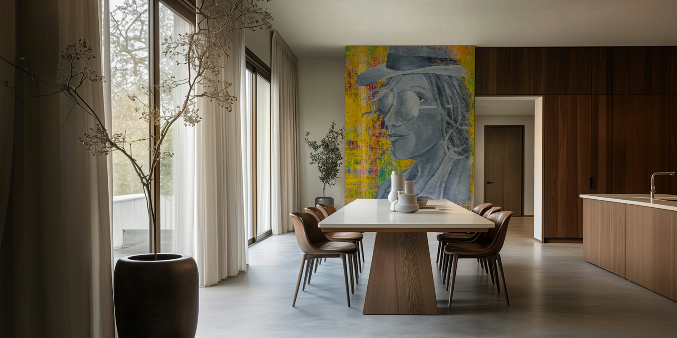 Colorful abstract portrait with vibrant yellow and gray tones wallpaper