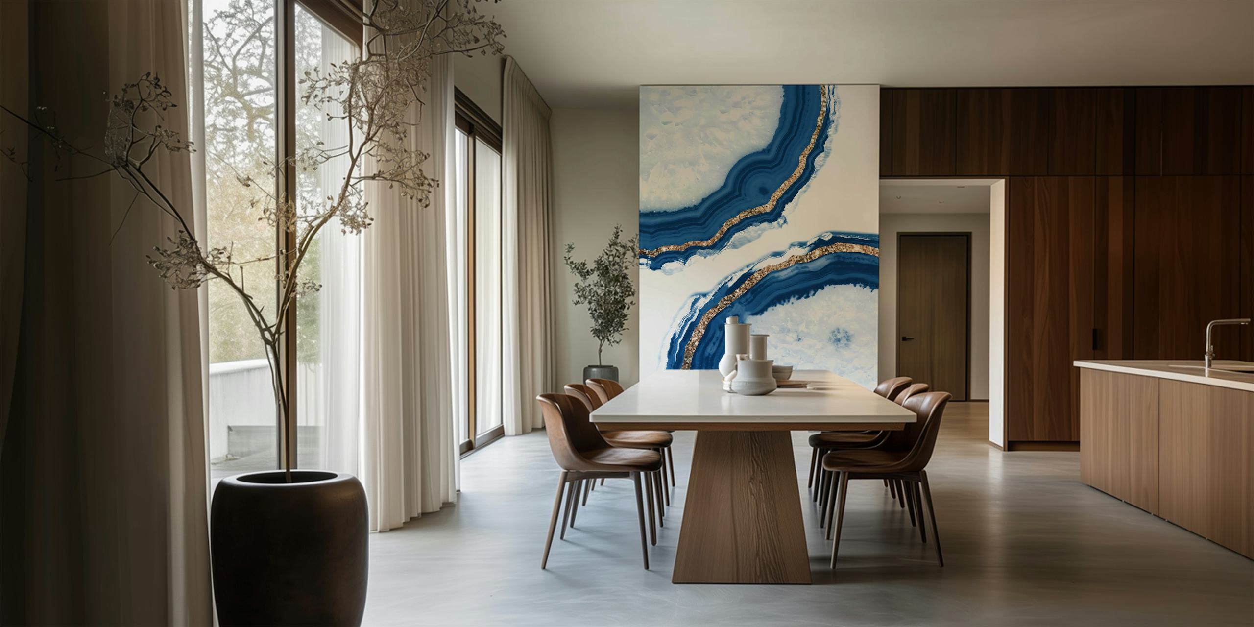 Elegant agate-inspired wall mural with gold and navy blue patterns