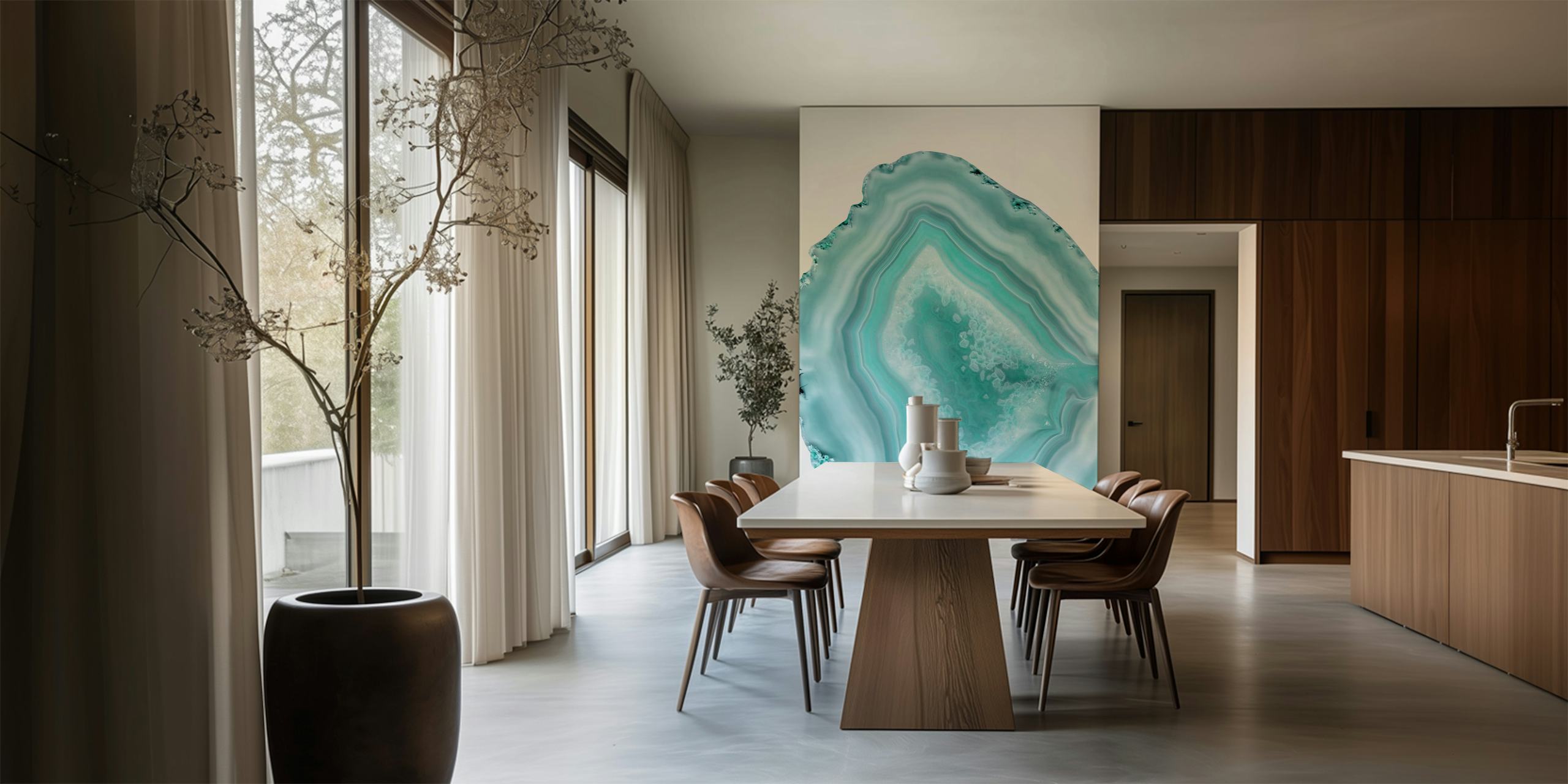 Teal agate slice with swirling patterns and hues, abstract wallpaper