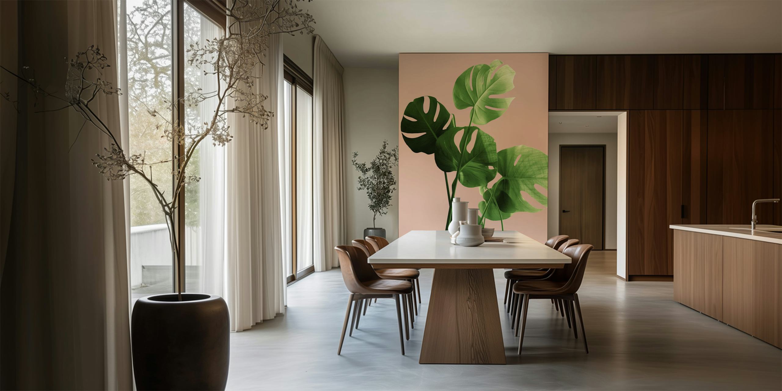 Tropical monstera leaves in green on a pale terracotta background wallpaper