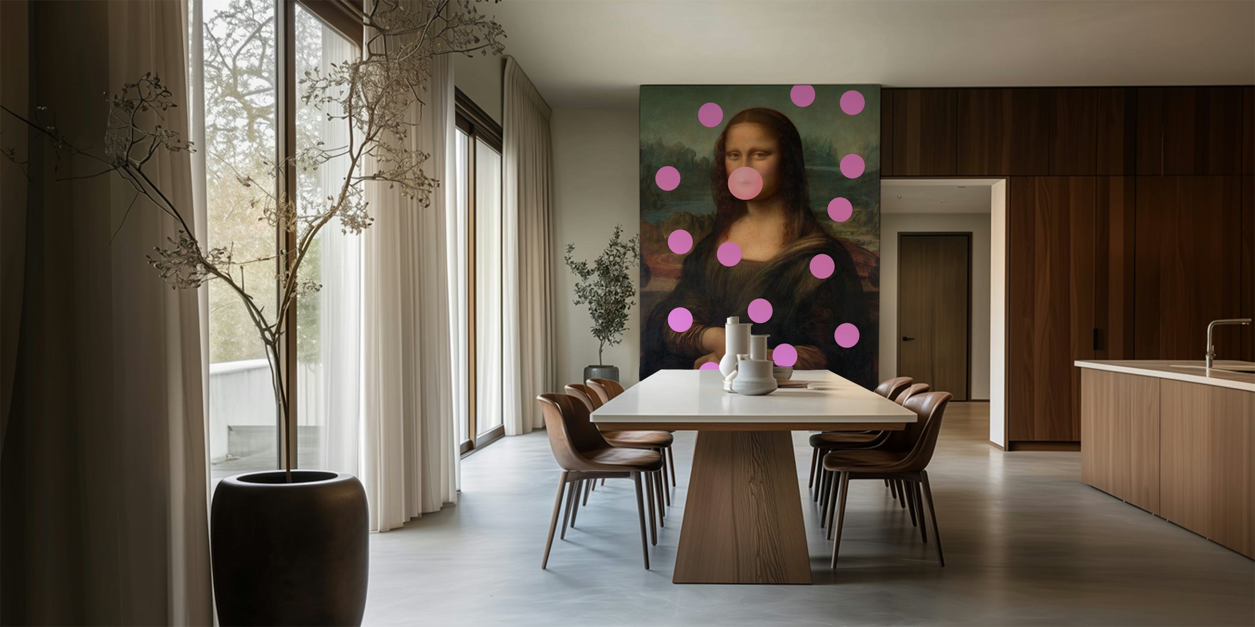 Mona Lisa with pink bubblegum and bubble dots wallpaper