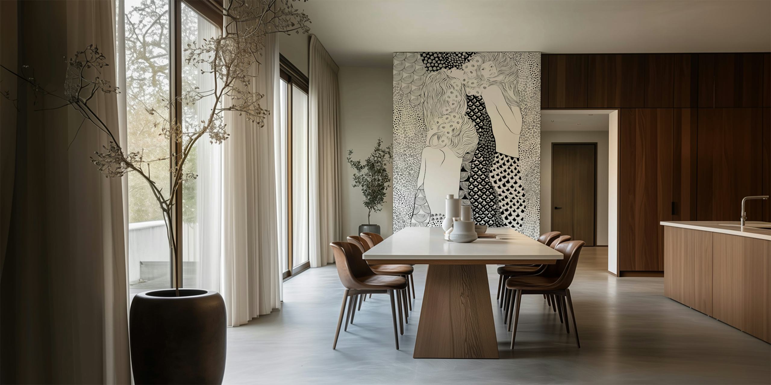 Three stylized figures with wavy hair and patterned tails in black and white wallpaper