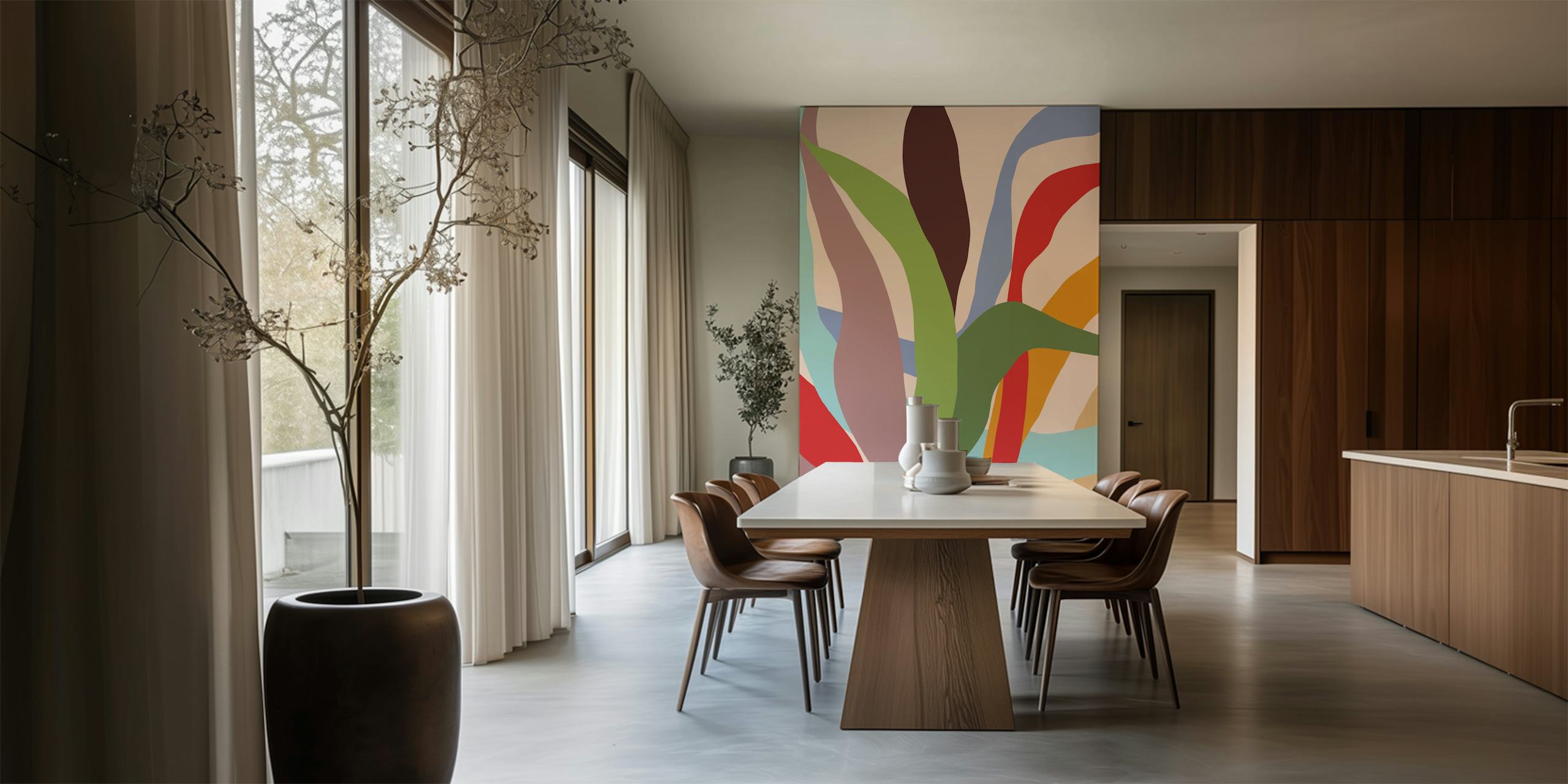 Kleurrijk abstract bladeren patroon in verschillende tinten op behang