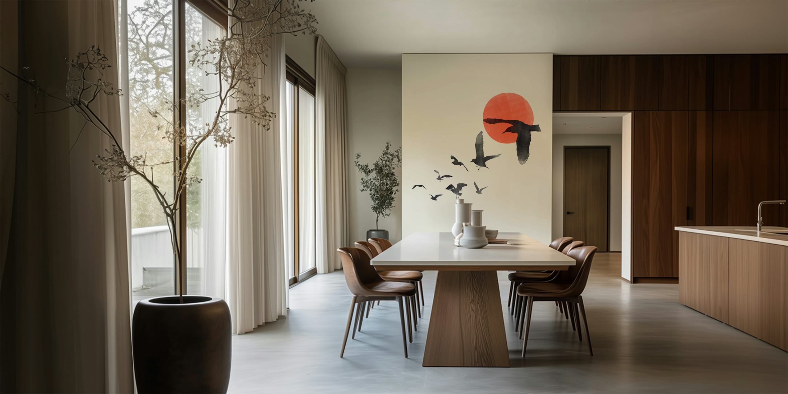 Birds flying under a red sun wallpaper