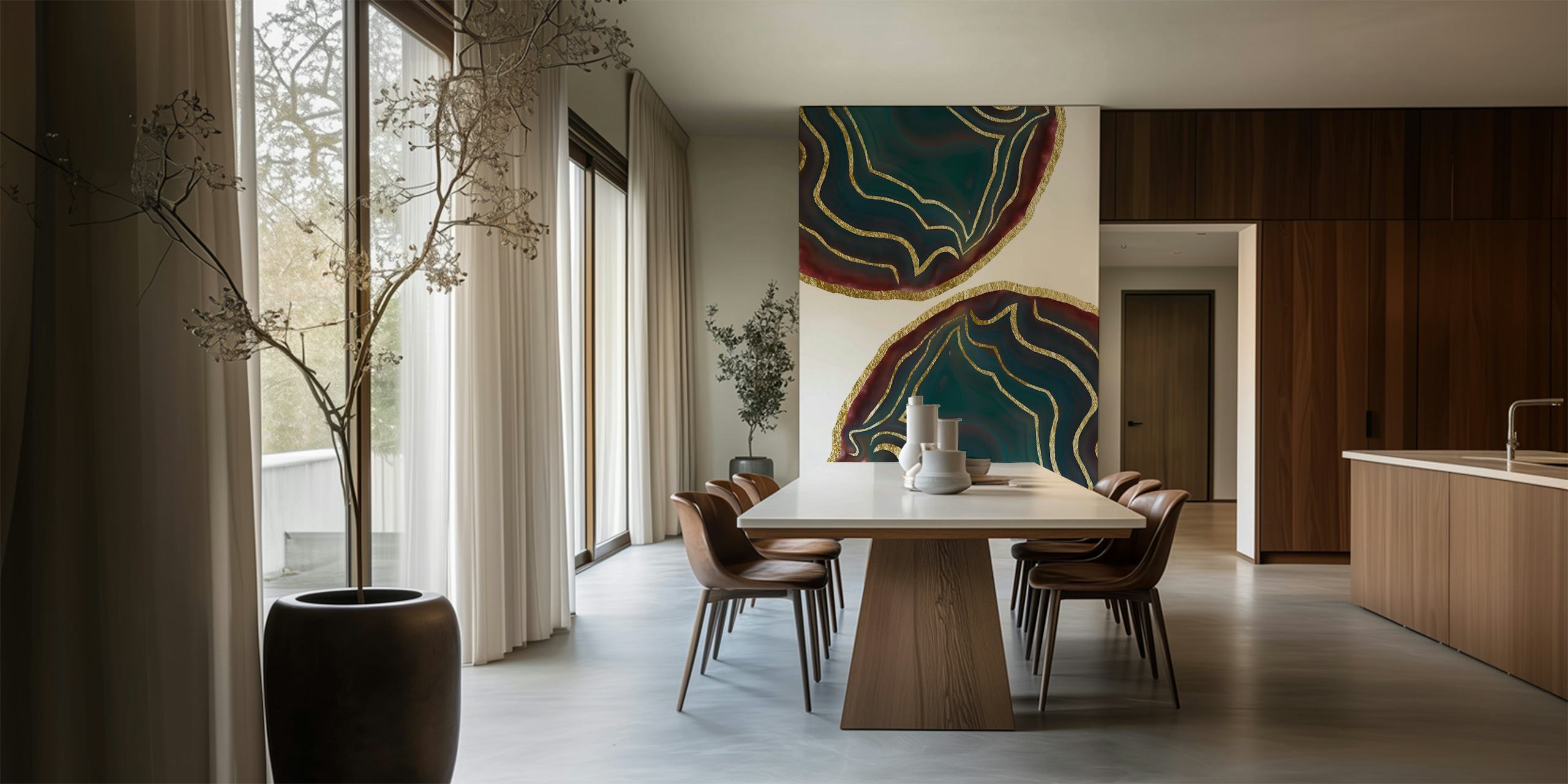 Teal red agate patterns with gold outlines wallpaper