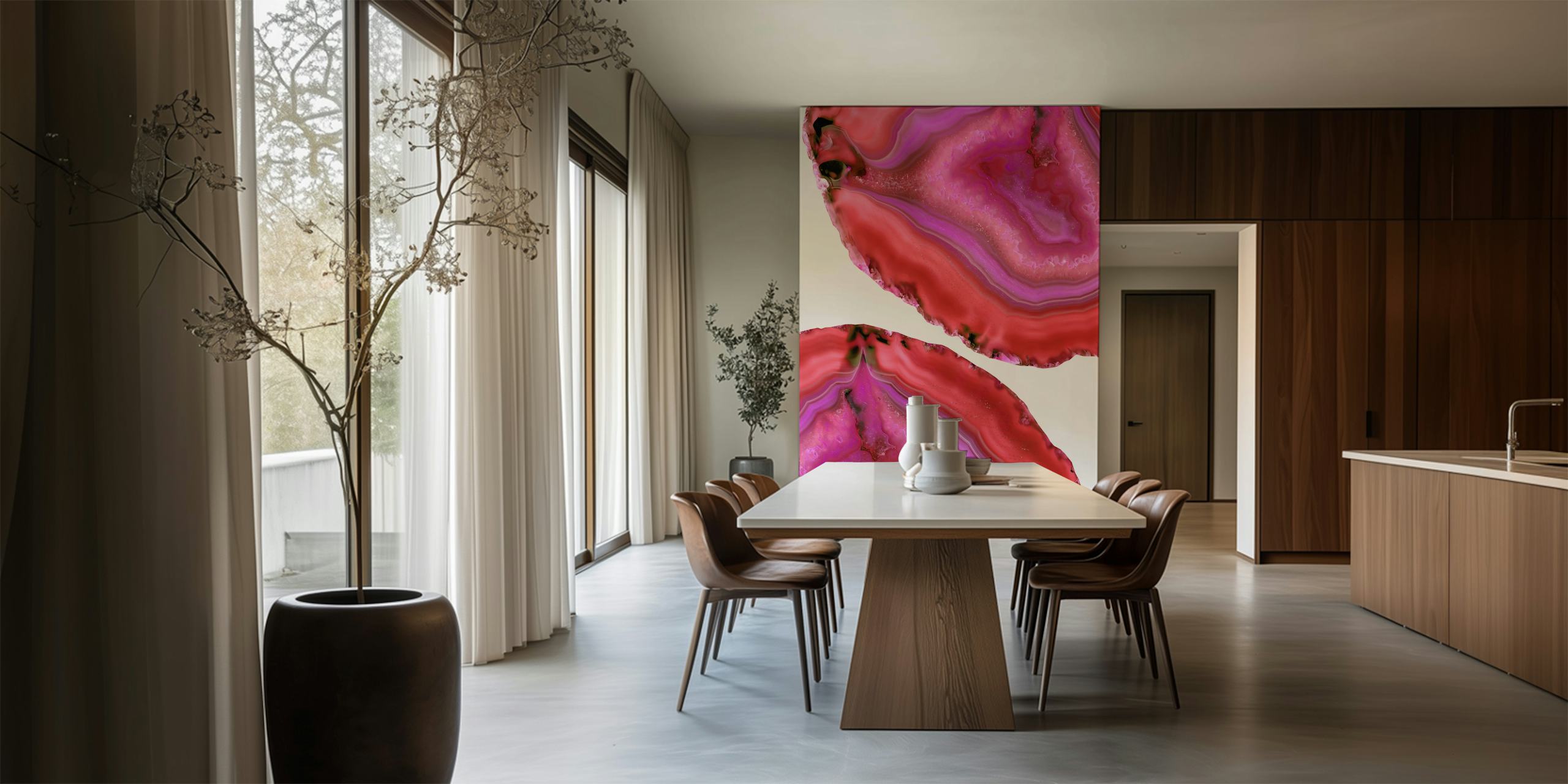 Levende Agate Boho Chic 4 veggmaleri med rike rosa og lilla toner med svarte årer