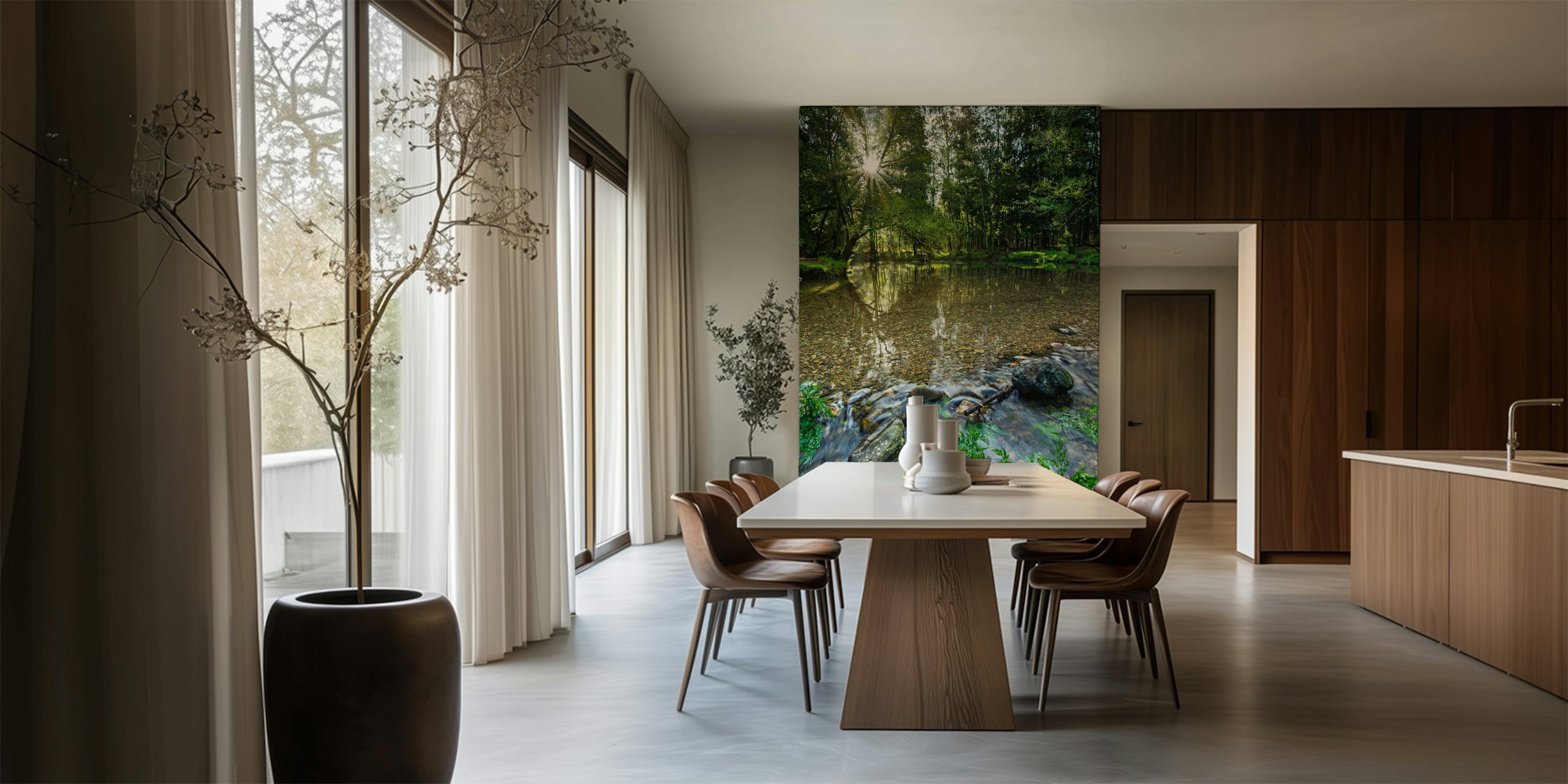 Sunlit Forest Stream behang in een kamer
