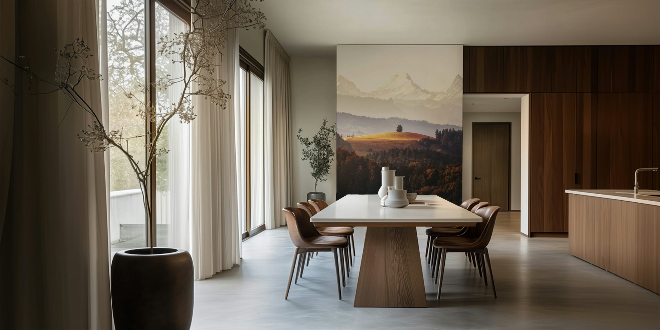 Papel de parede Mountain Dawn Glow em um quarto elegante