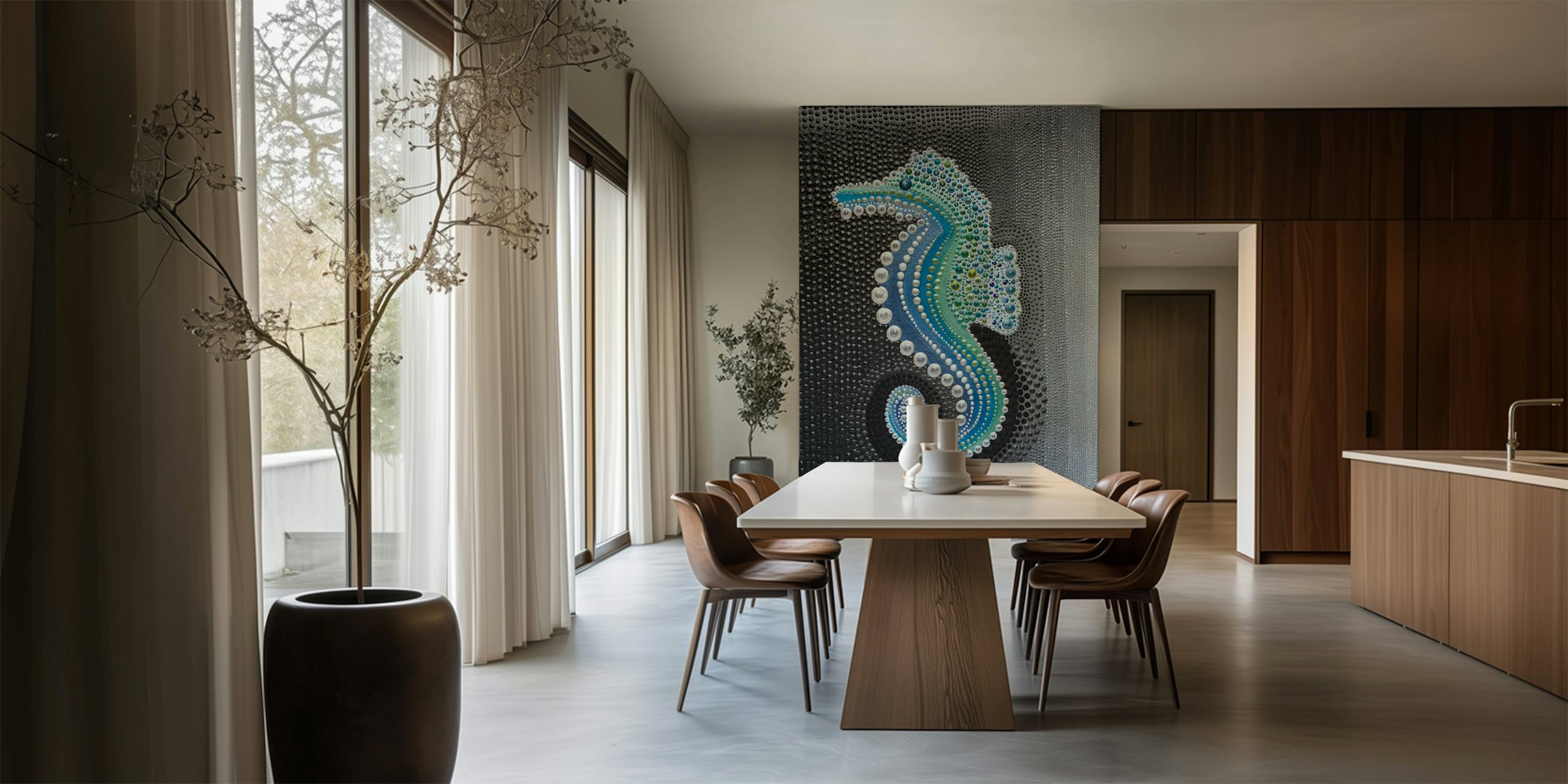 Colorful seahorse illustration with beads on dark background wallpaper