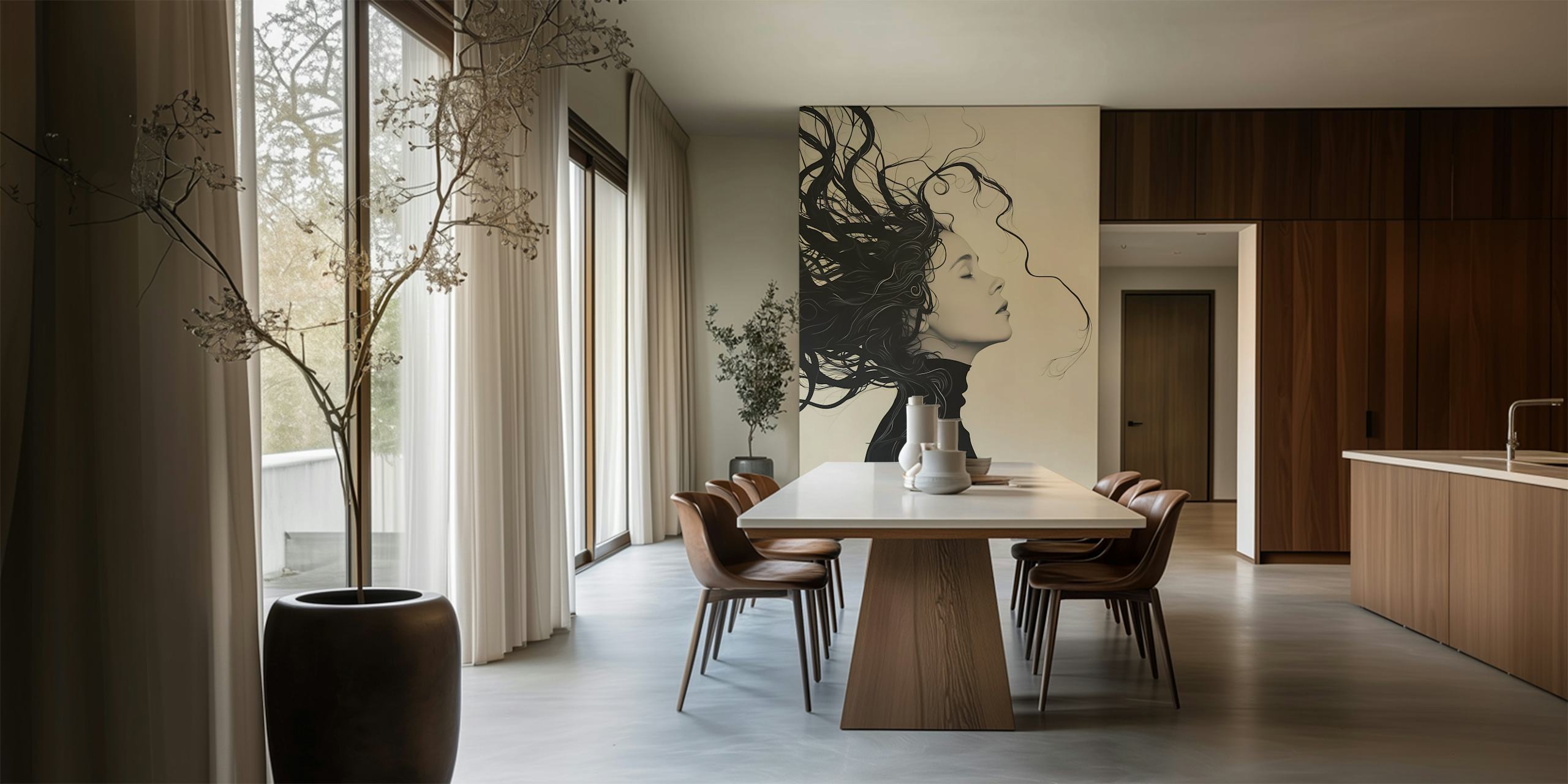 Profile of a woman with flowing hair in black and white wallpaper