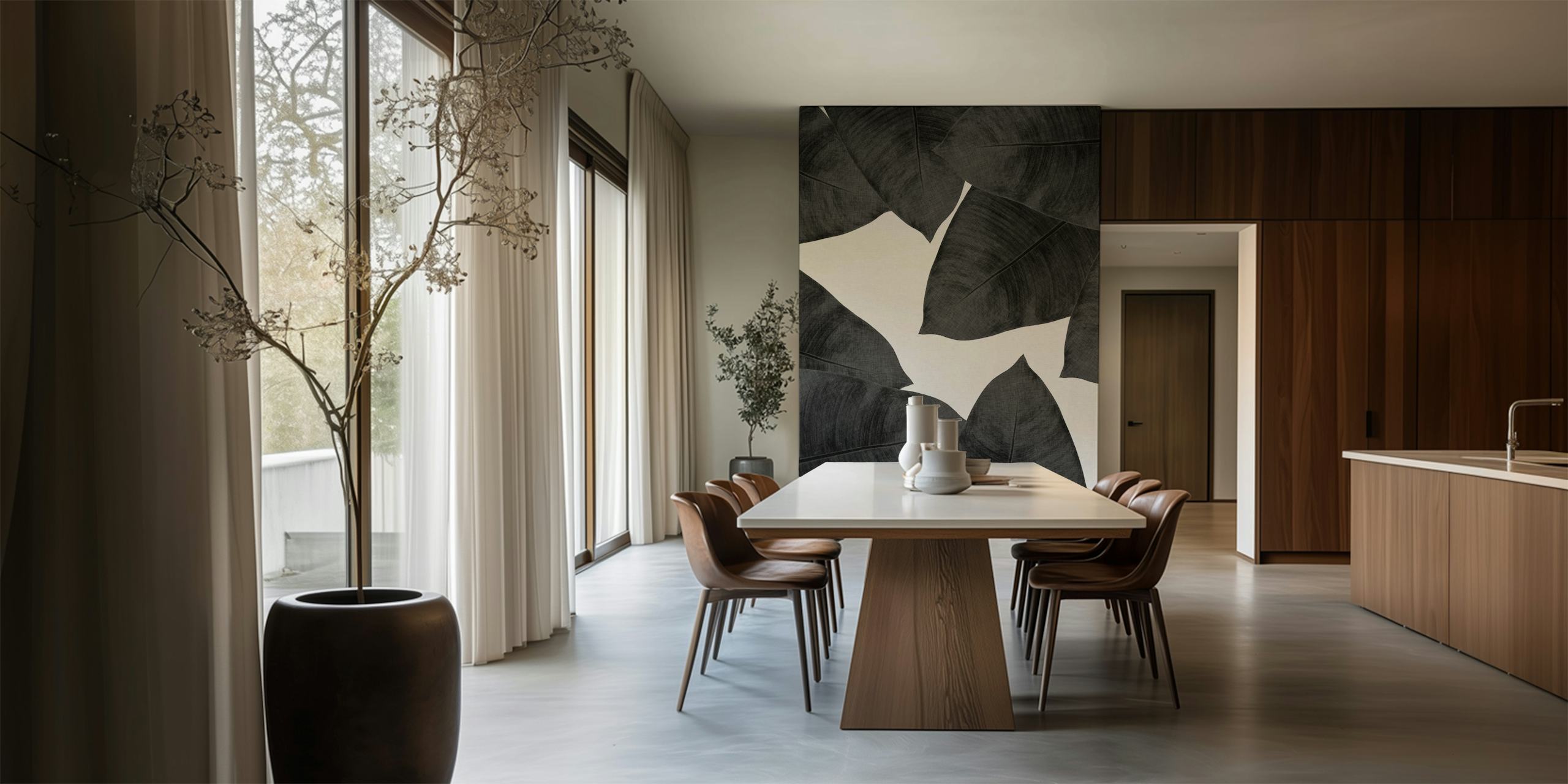 Motif de grandes feuilles noires sur fond blanc, style moderne.