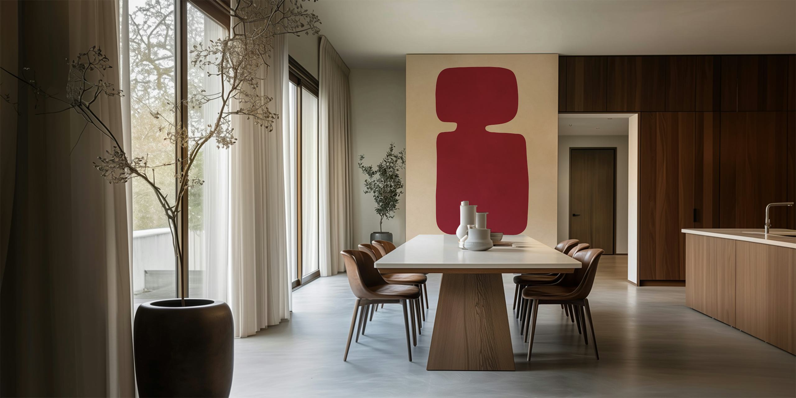 Abstract shapes in burgundy on a beige background wallpaper