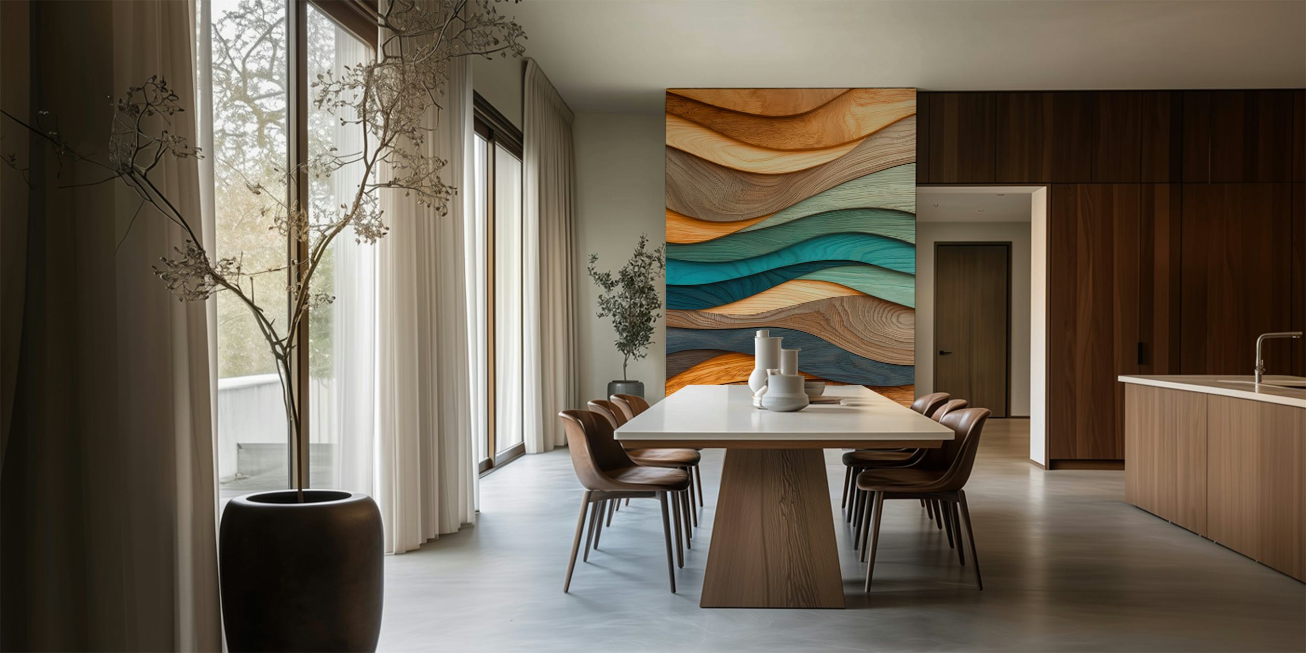 Wavy wood grain in various shades of brown and blue wallpaper