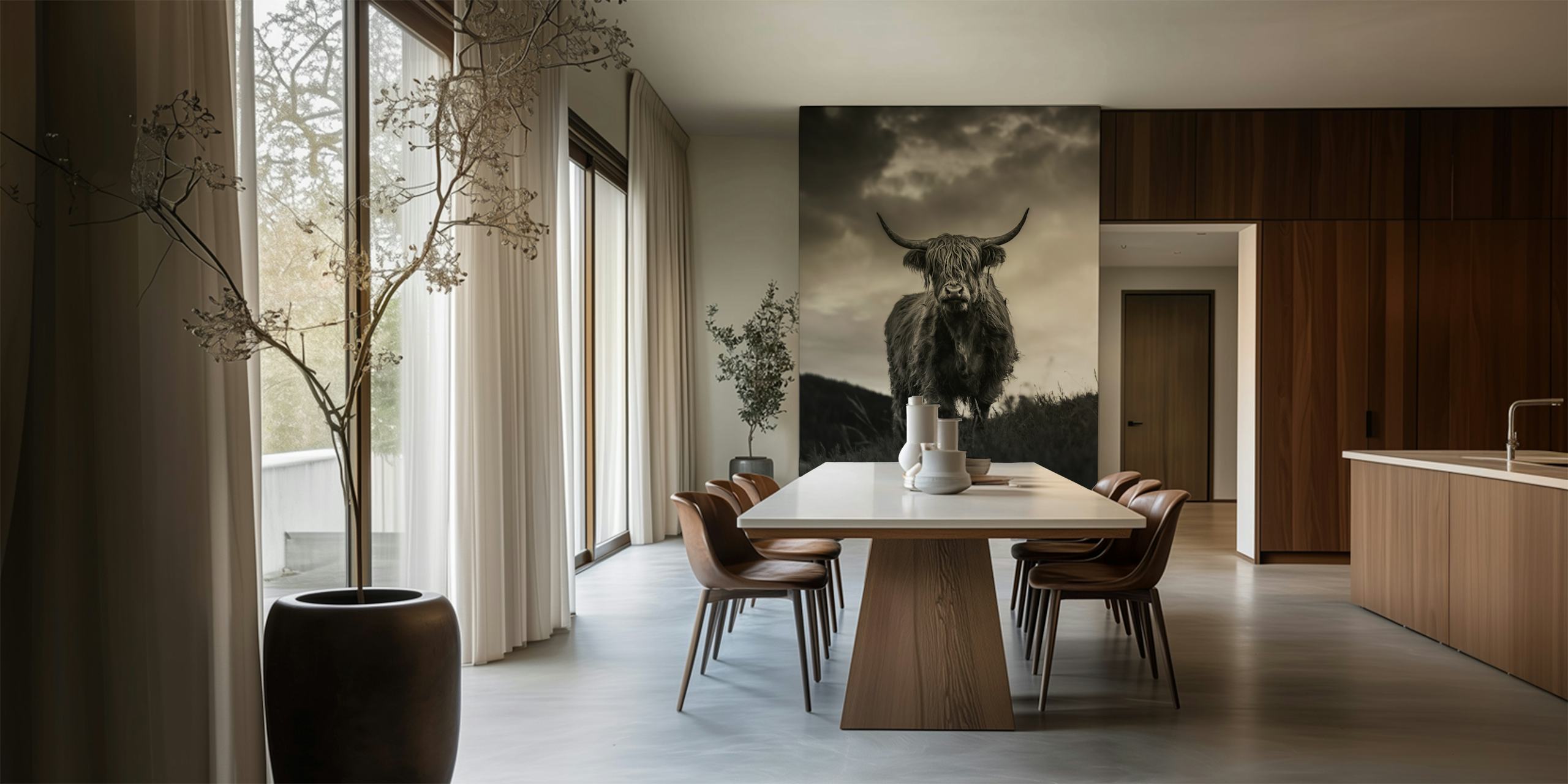 Papel pintado Graceful Highland Cattle Scene en una habitación