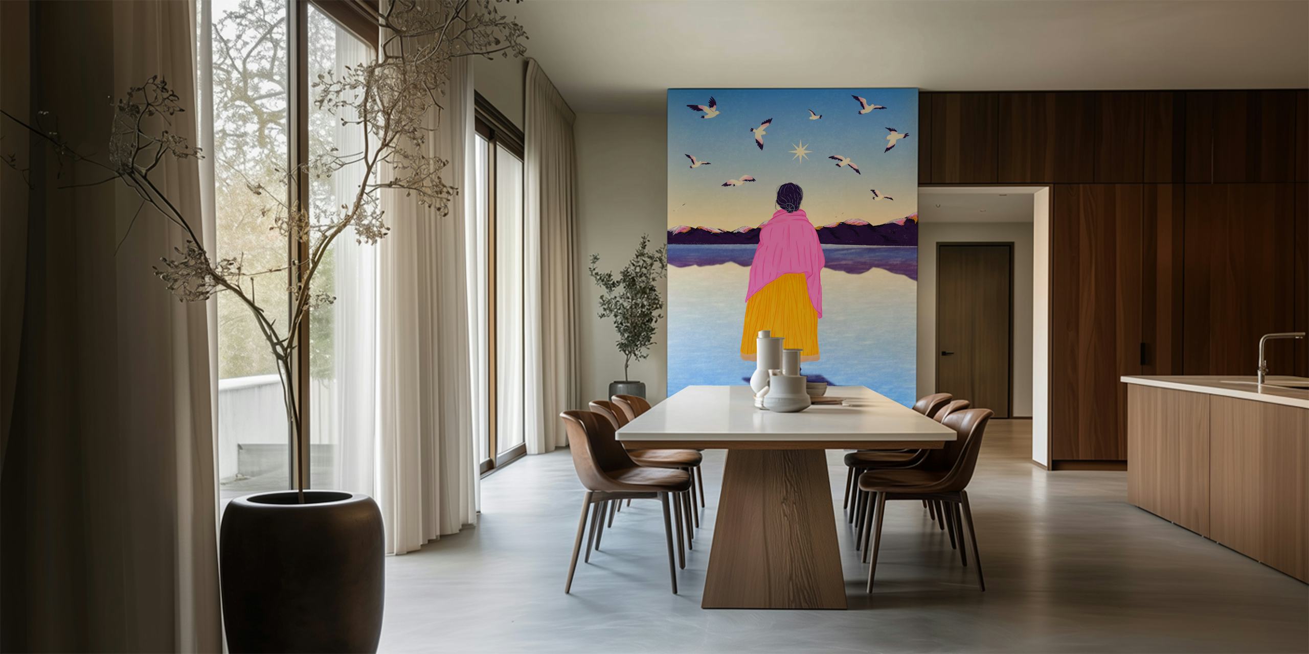 Colorful Andean woman with pink shawl and yellow skirt under a sunset sky with birds. Wallpaper