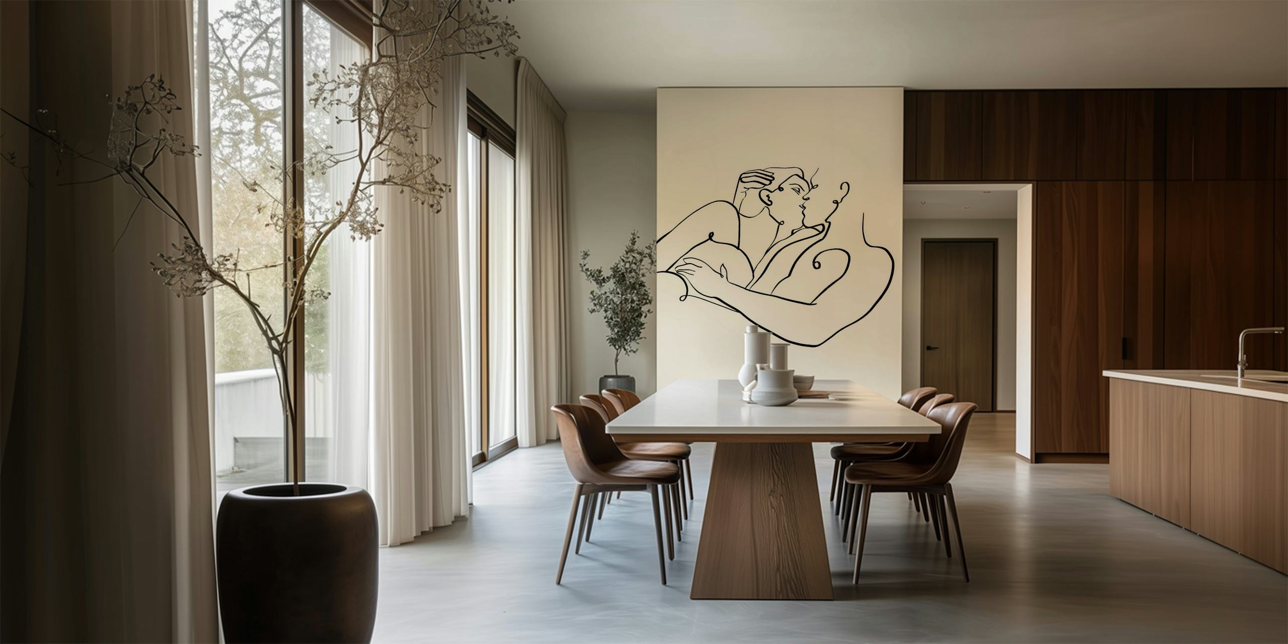 The Kiss Line Drawing wallpaper in a room