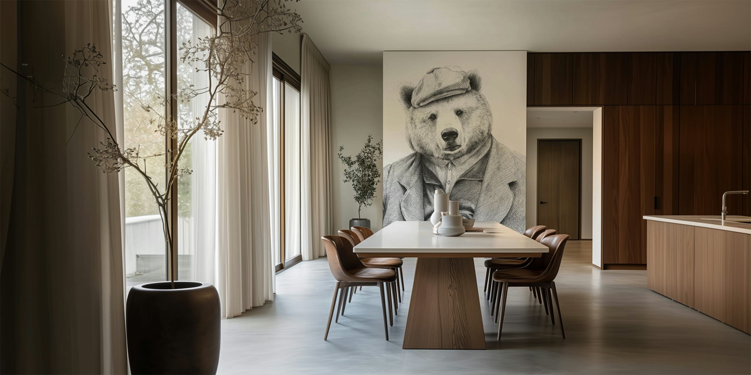 Illustration of a bear in a suit and cap, black and white wallpaper