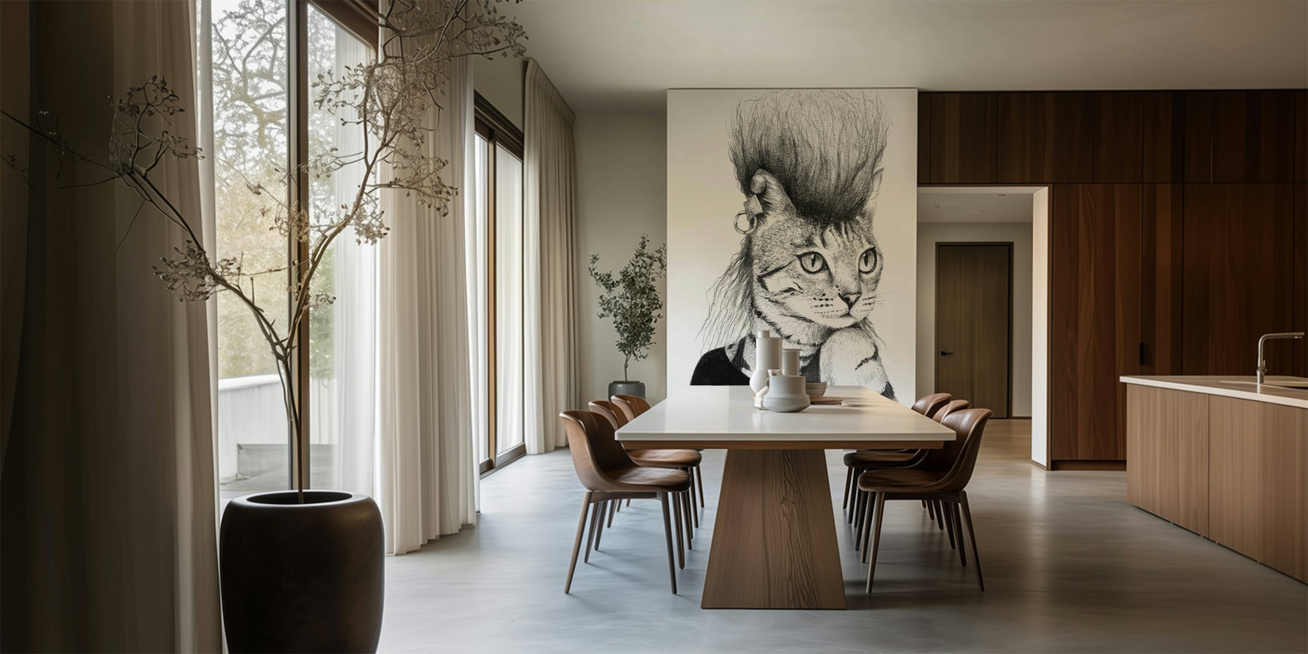 Rock-style cat illustration with mohawk hair in black and white wallpaper