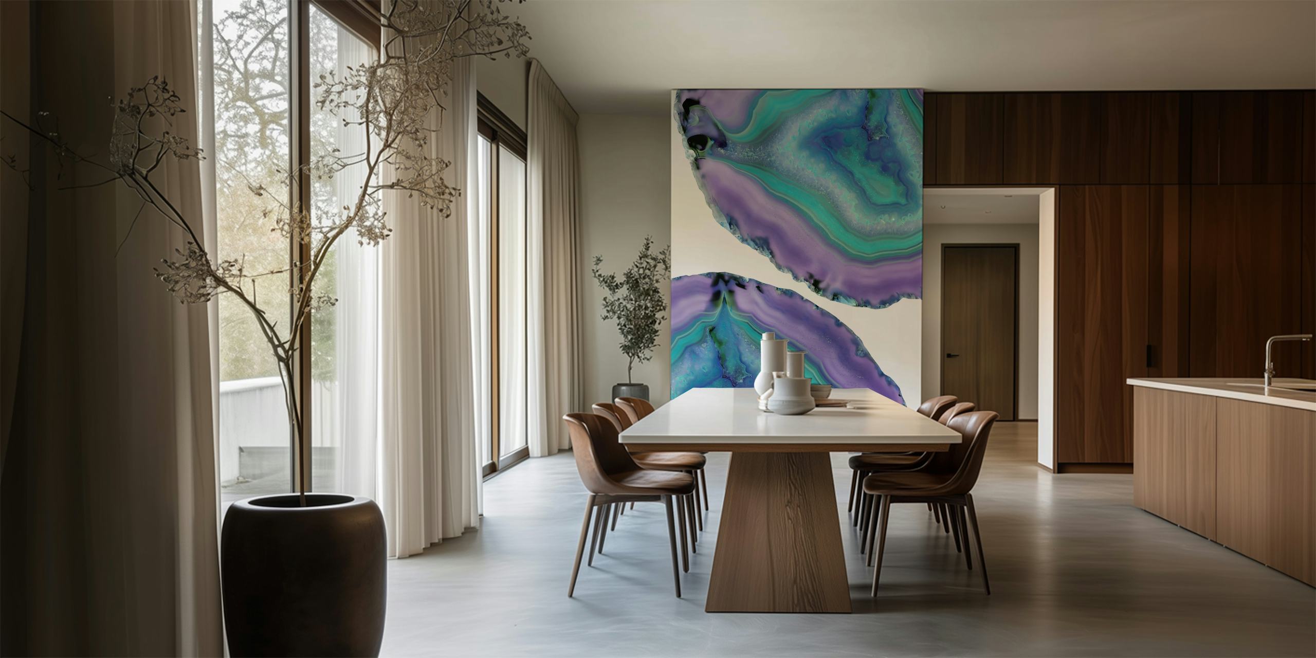 Purple agate slices with green and blue hues wallpaper