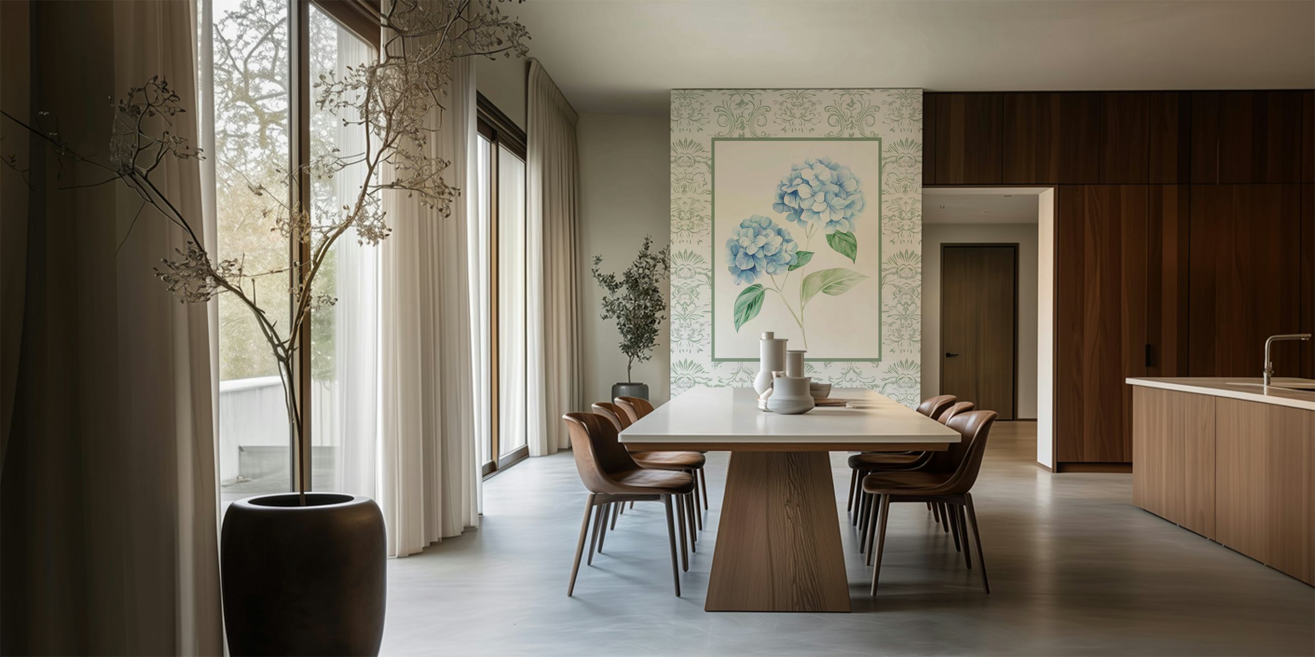 Elegant Blue Hydrangeas Tapete in einem Zimmer