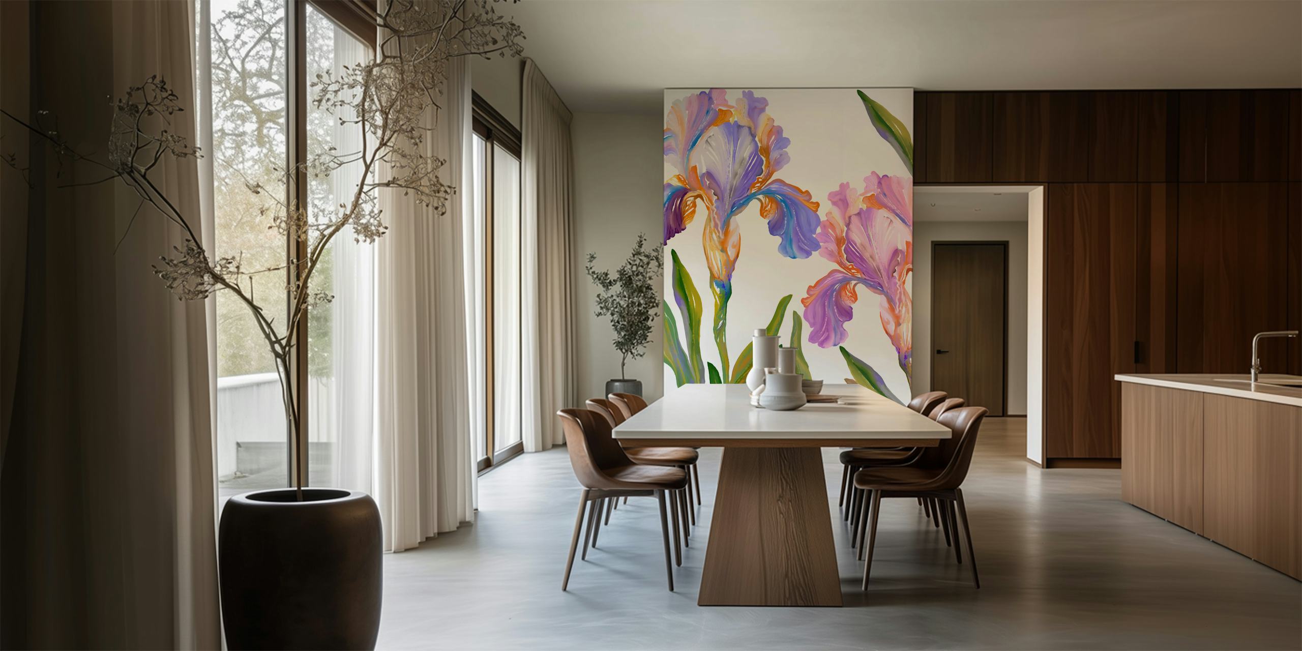 Purple and orange iris flowers with green leaves wallpaper