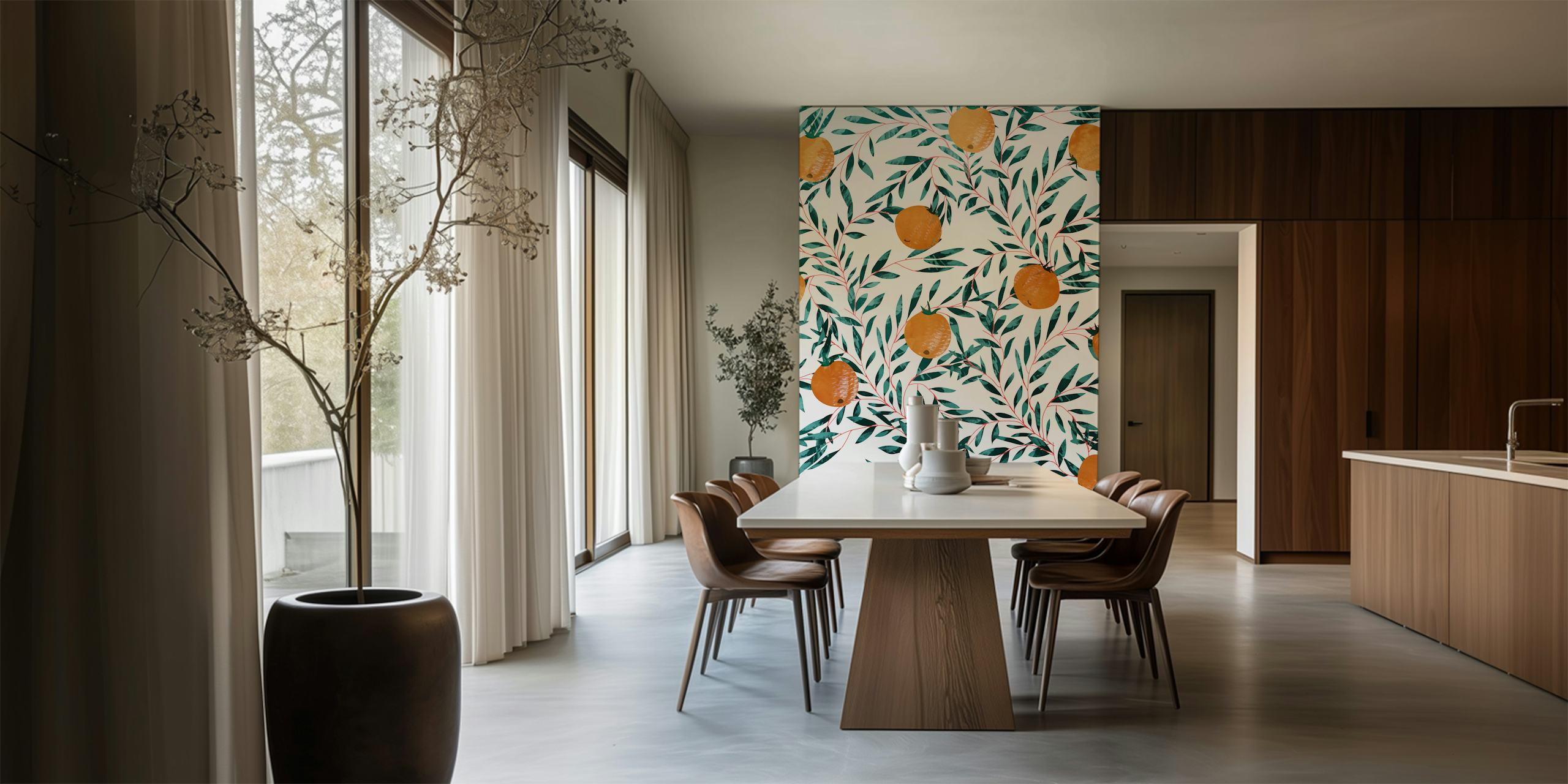 Orange mandarin fruits with green leaves wallpaper