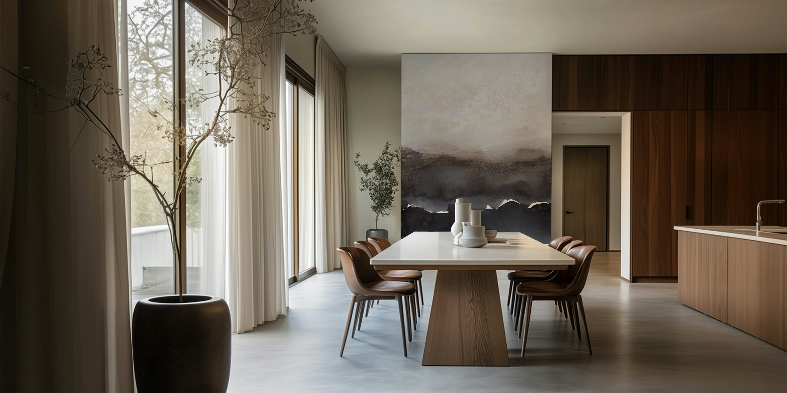 Ethereal lilac and dark Paynes grey wallpaper in a room