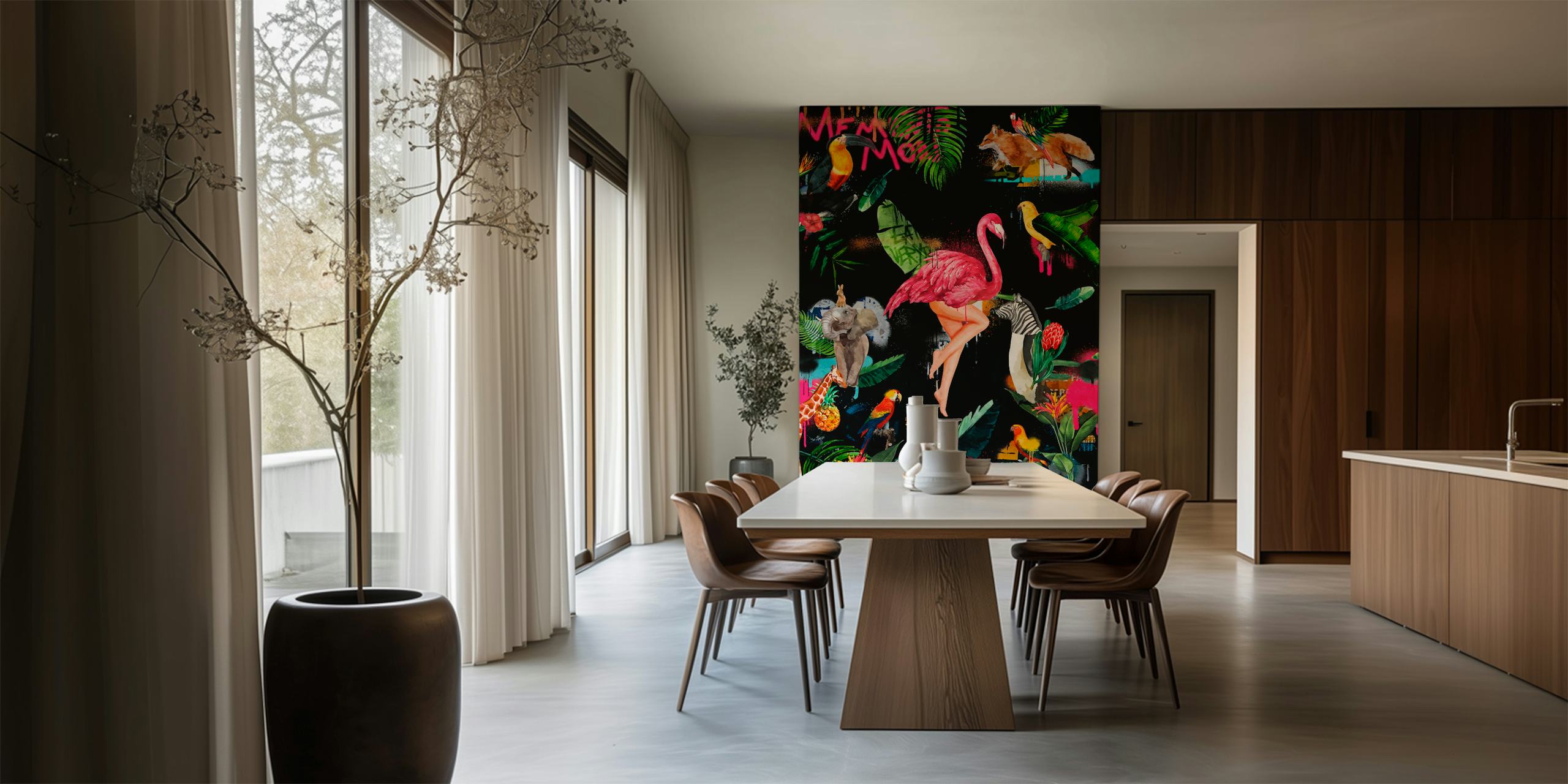 Tropical animal wallpaper featuring pink flamingos, colorful birds, green leaves on a black background