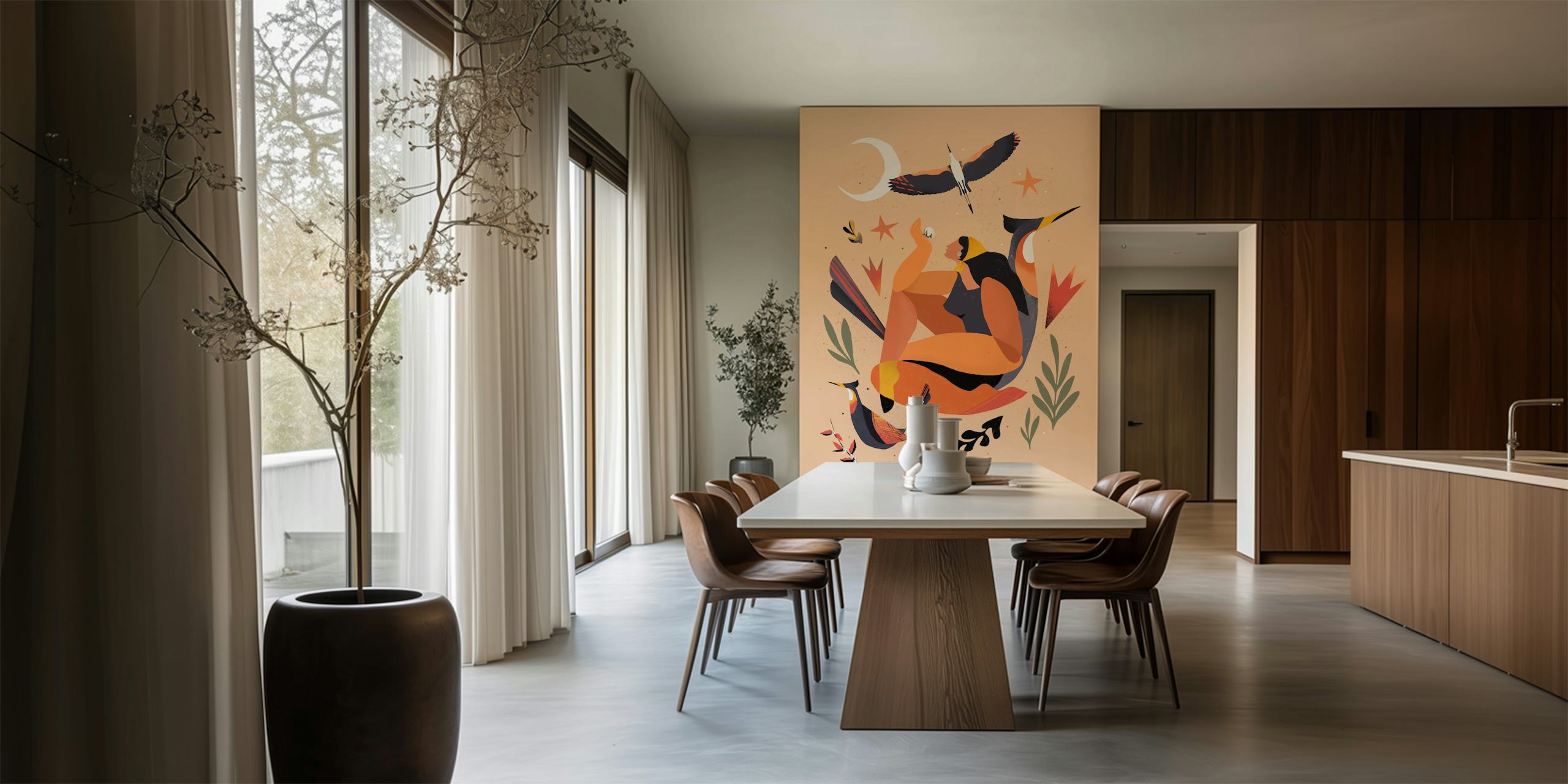 Abstrakte WoMan Natur Fototapete mit menschlichen Silhouetten, Flora und Fauna