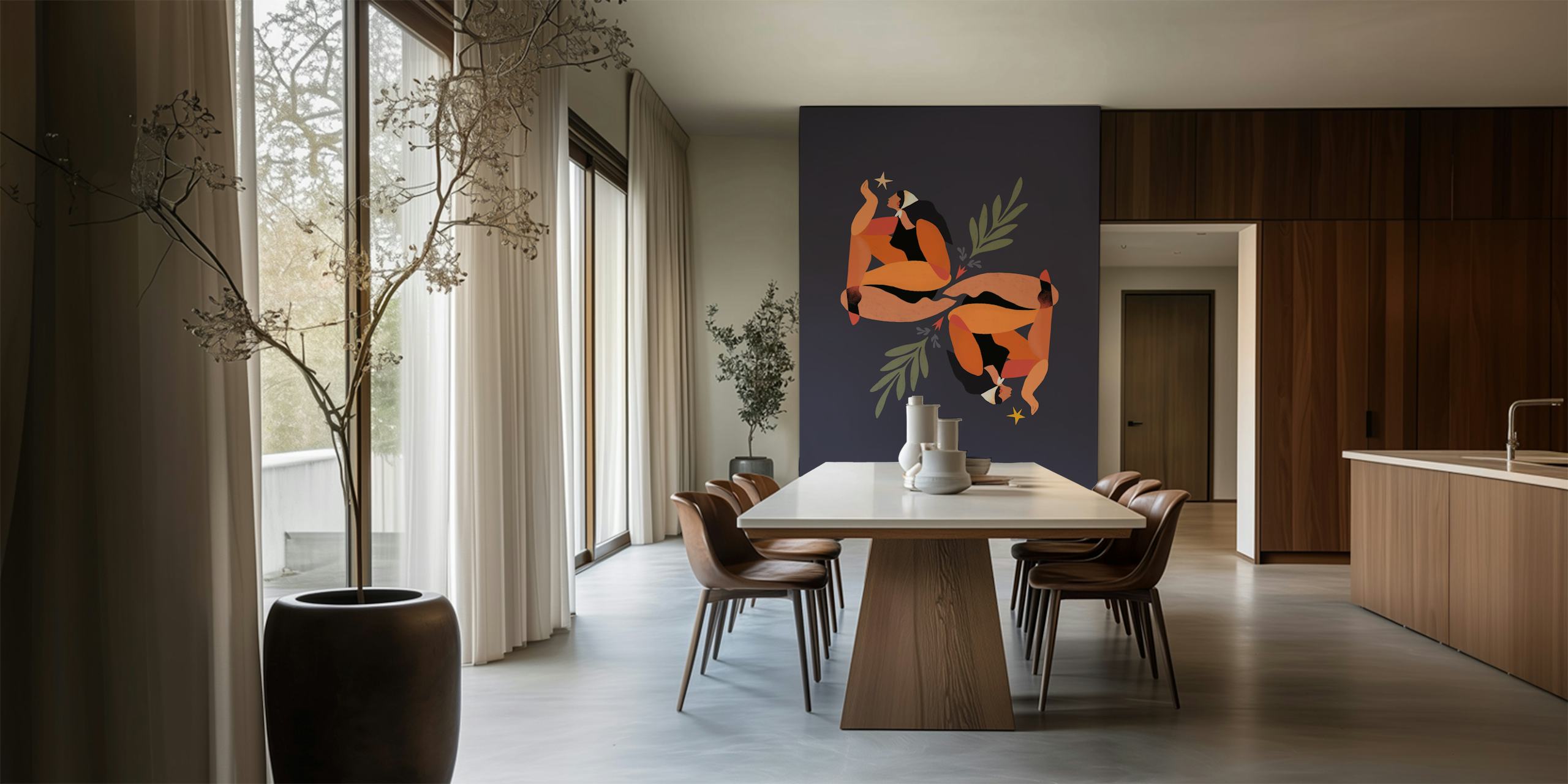 Abstract woman and nature elements in warm colors wallpaper