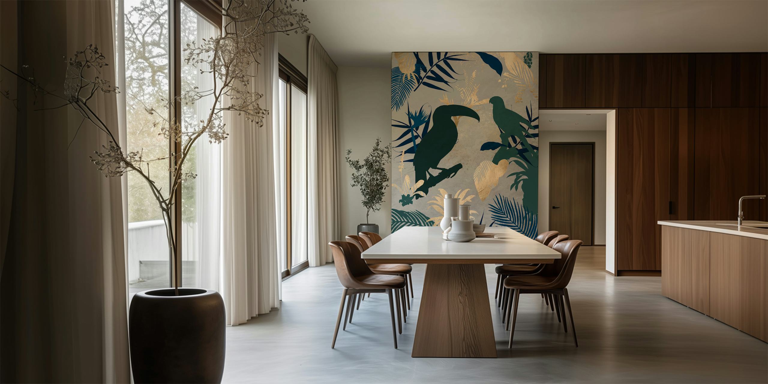 Tropical leaf patterns with green and gold birds wallpaper