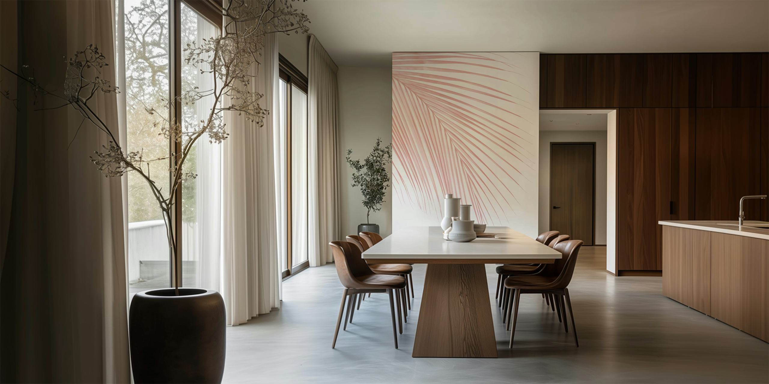 Ταπετσαρία Blush Pink Palm Leaf σε ρύθμιση δωματίου