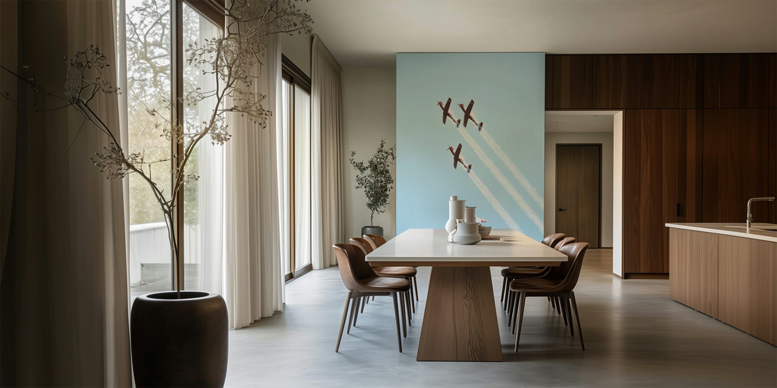 Vintage aircraft wall mural showcasing a formation of planes against a light blue sky with vapor trails.