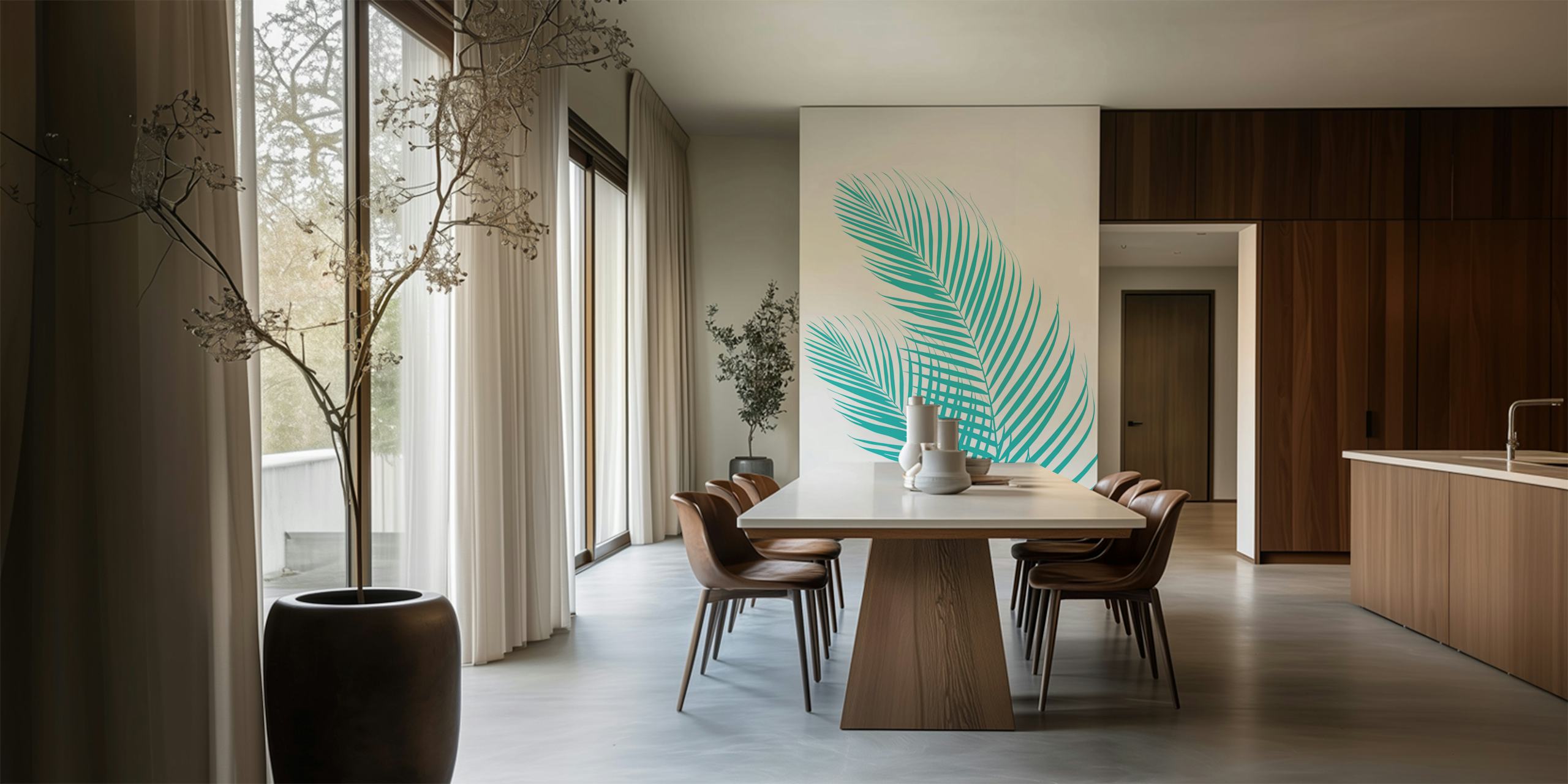 Papel de parede Palm Leaves Soft Turquoise 5 em um quarto