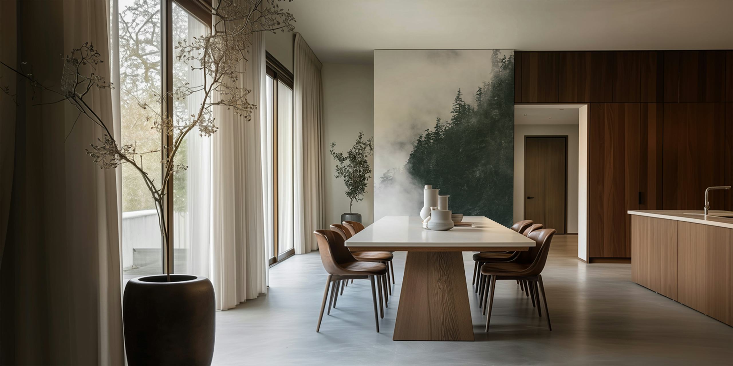 Misty forest wall mural with shadowy trees partially obscured by fog.