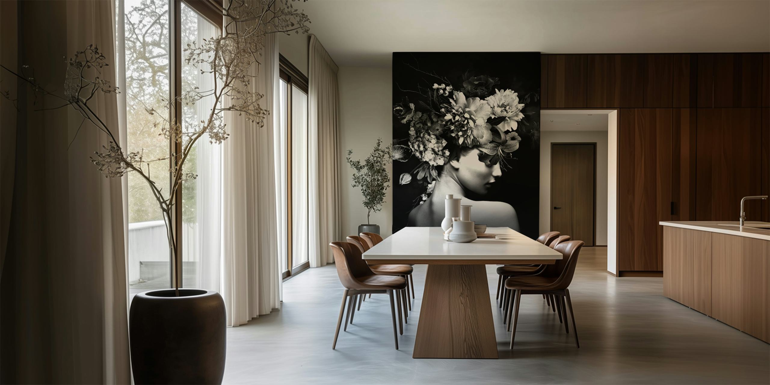 Blommig Kvinna Svartvitt fototapeta przedstawiająca kobietę z profilu z kwiatowym nakryciem głowy w kolorze monochromatycznym