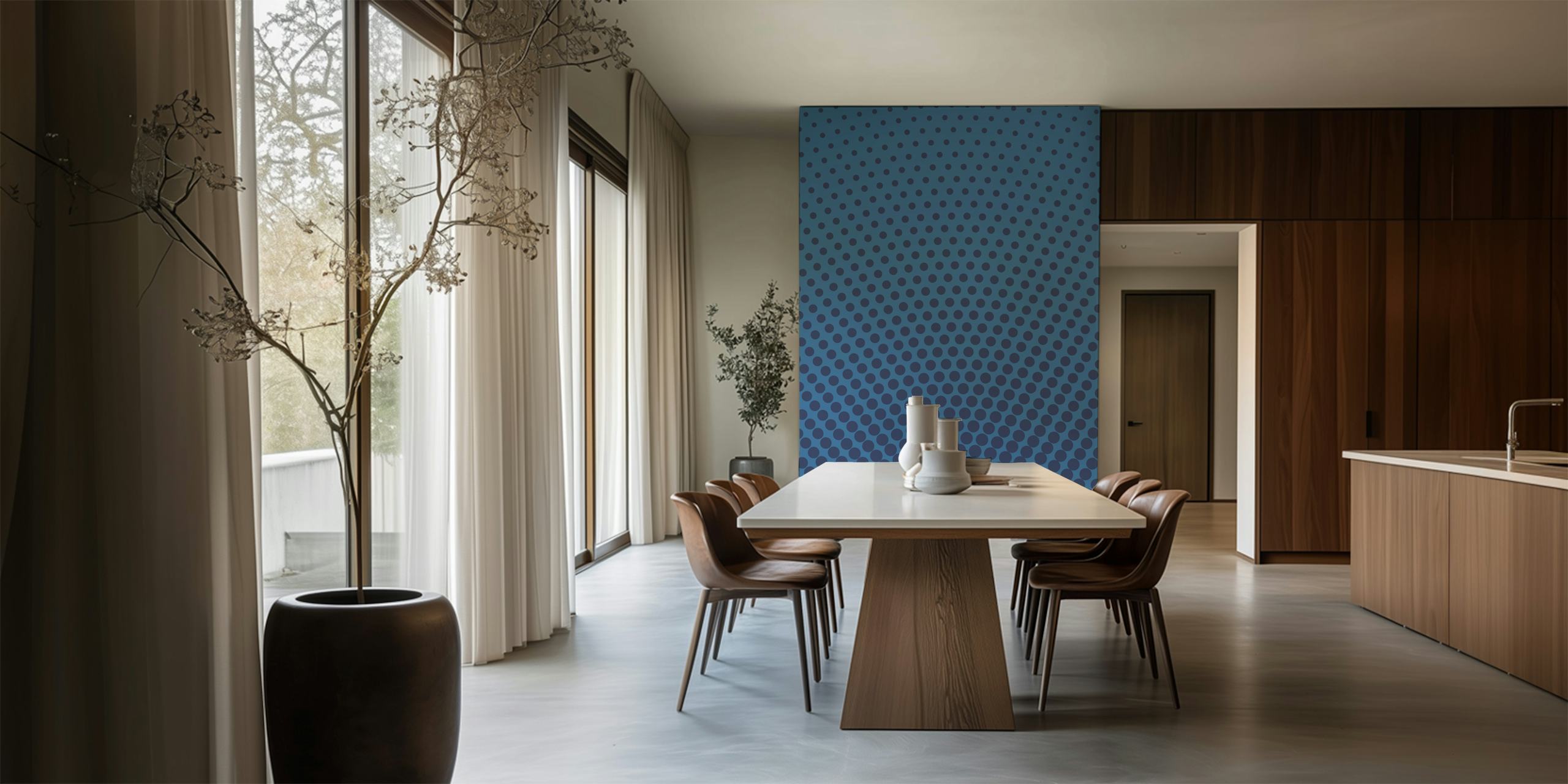 Indigo blue dots forming a gradient illusion on a wall mural