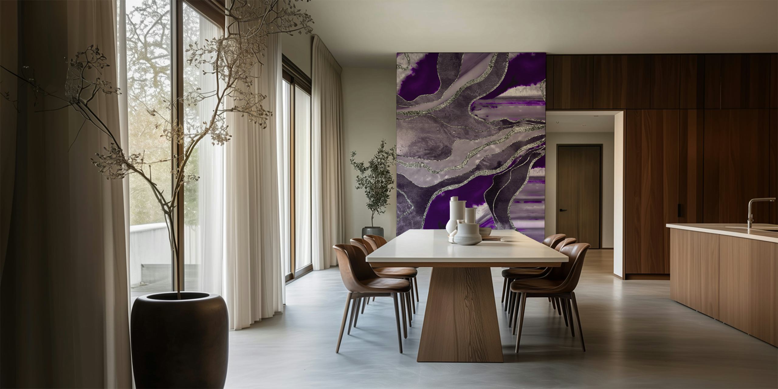 Violet and silver abstract marble agate pattern wall mural