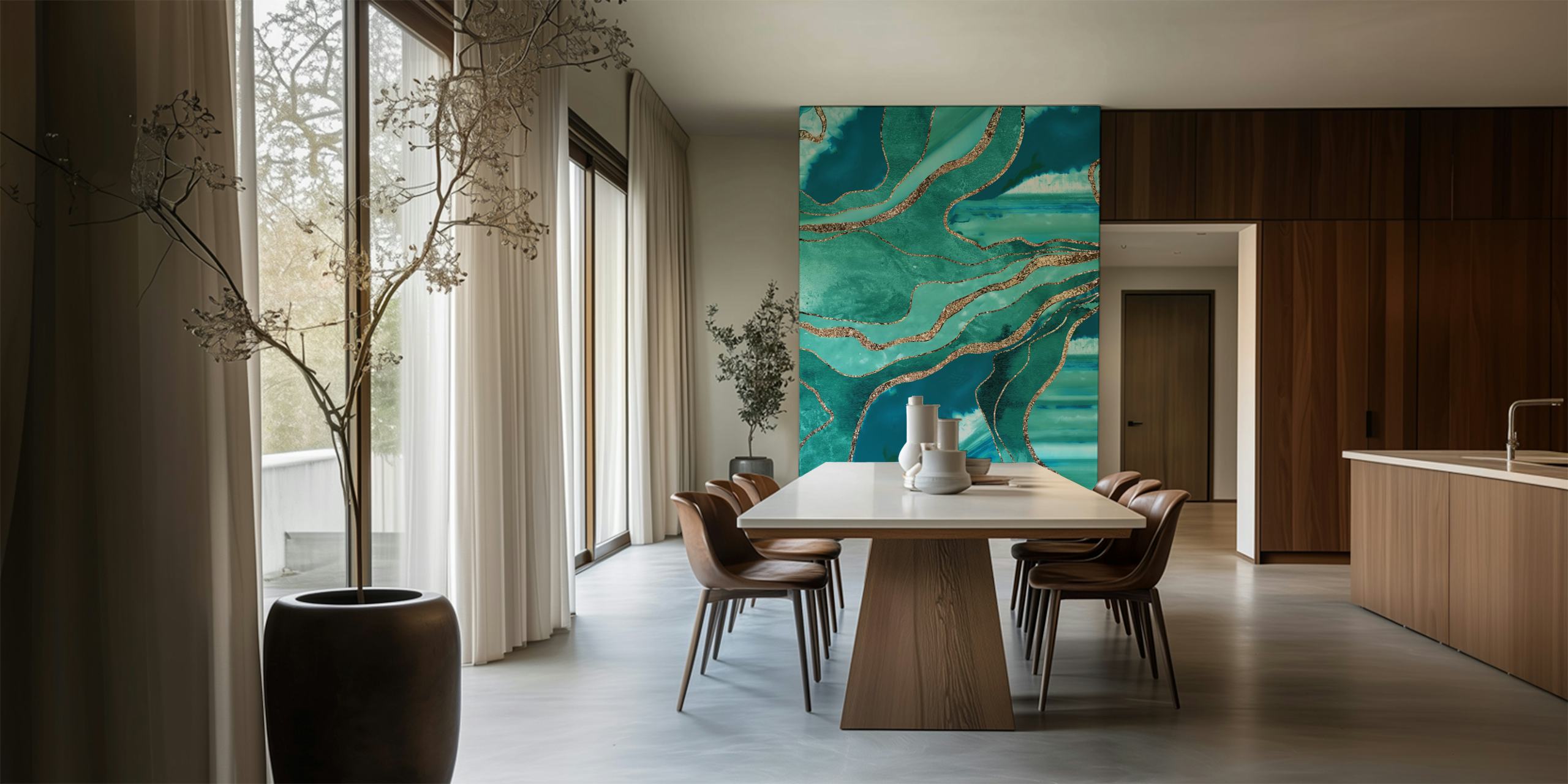 Teal Marble Agate Gold wallpaper displayed in a room